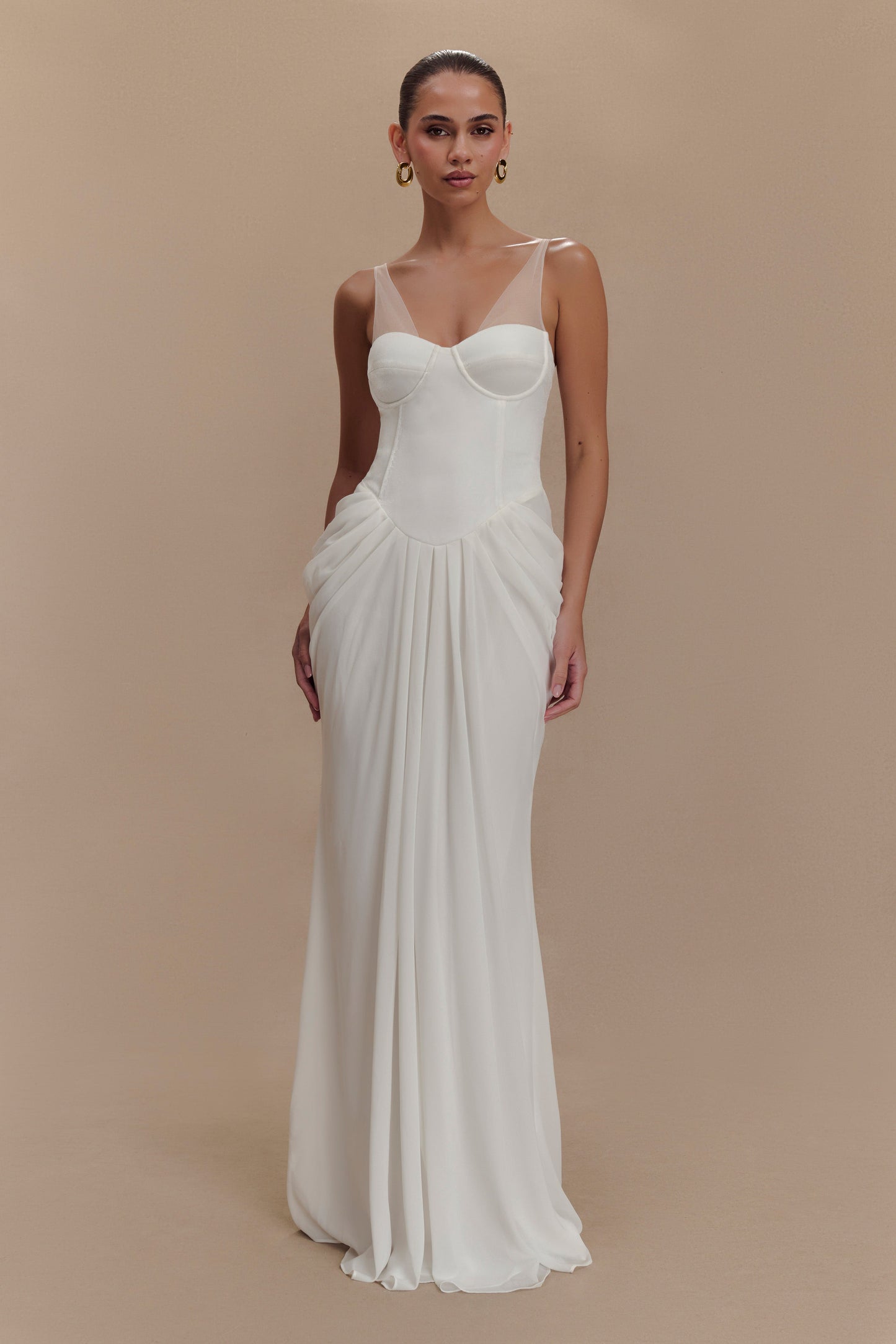 Robe Maxi Roxanne en Velours avec Corset - Blanche