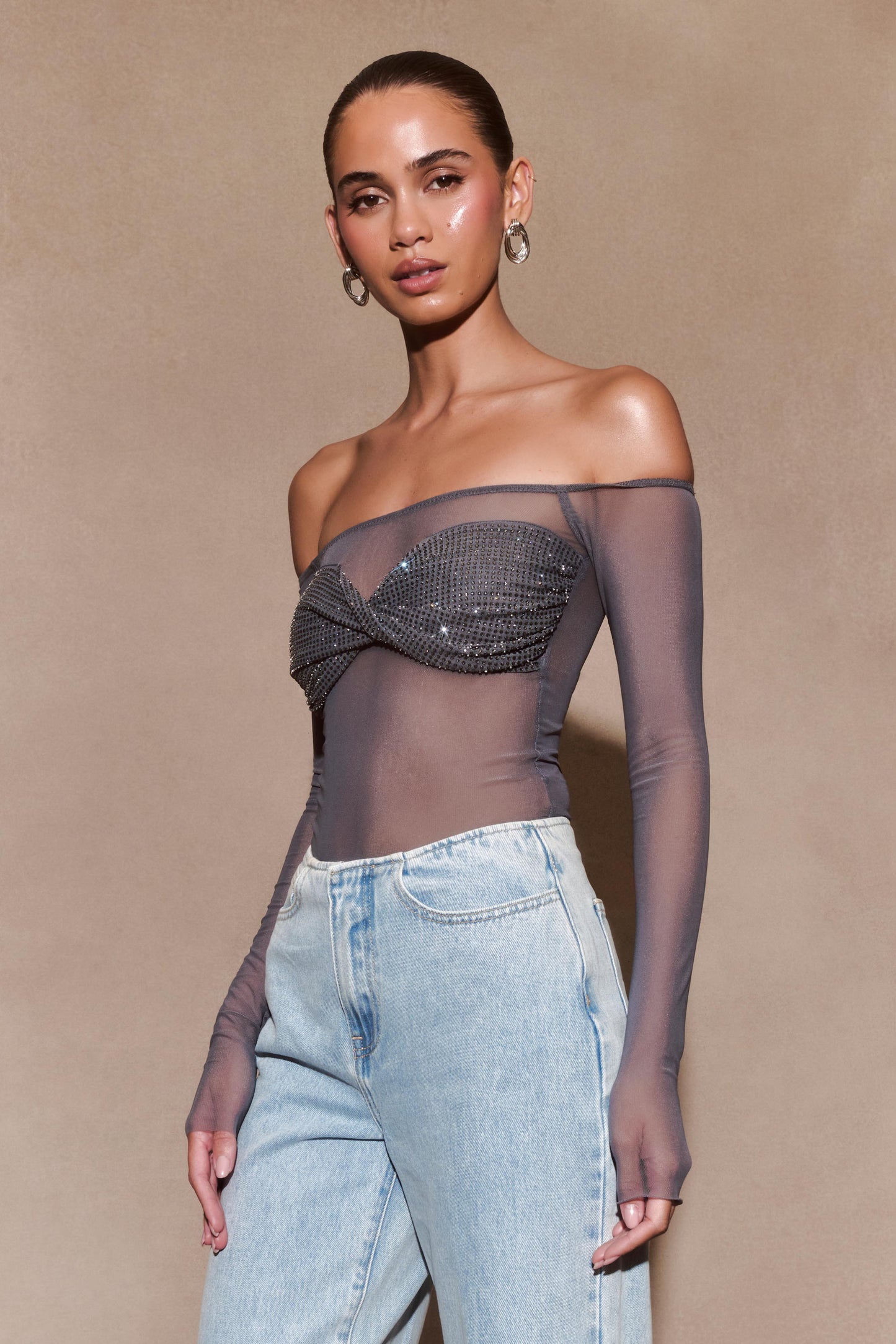 Top Garcelle Diamante à épaules dénudées - Gunmetal