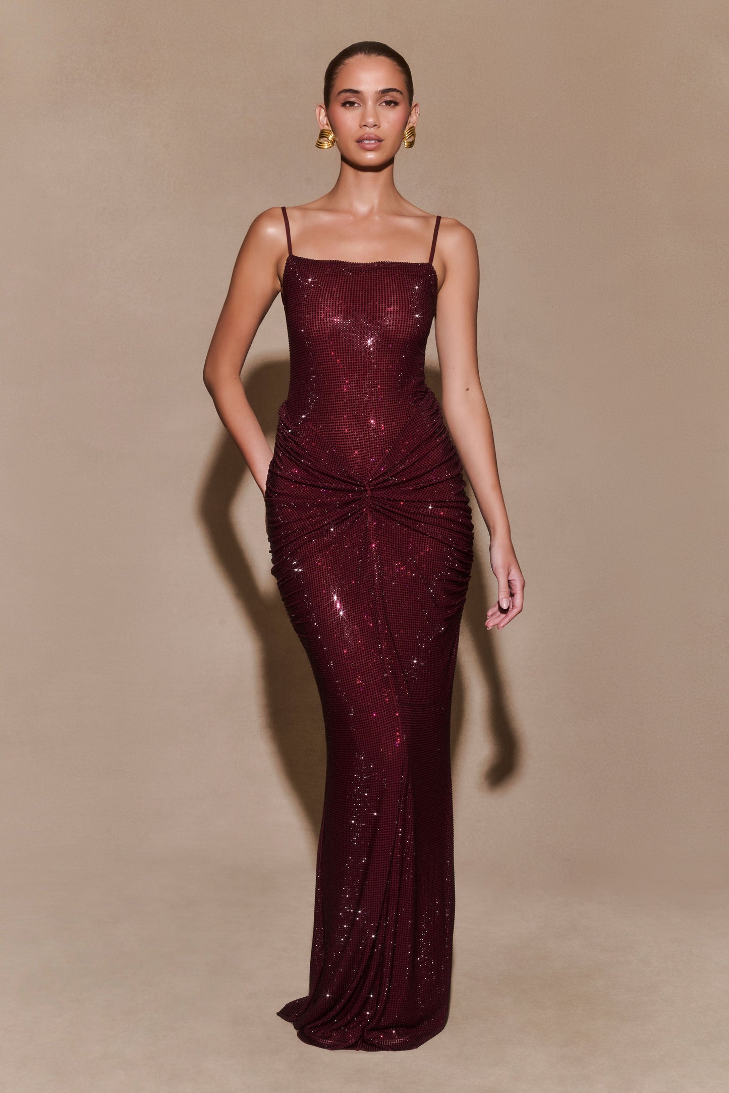 Robe Maxi Satin Roisin Diamante - Brun-Rouge