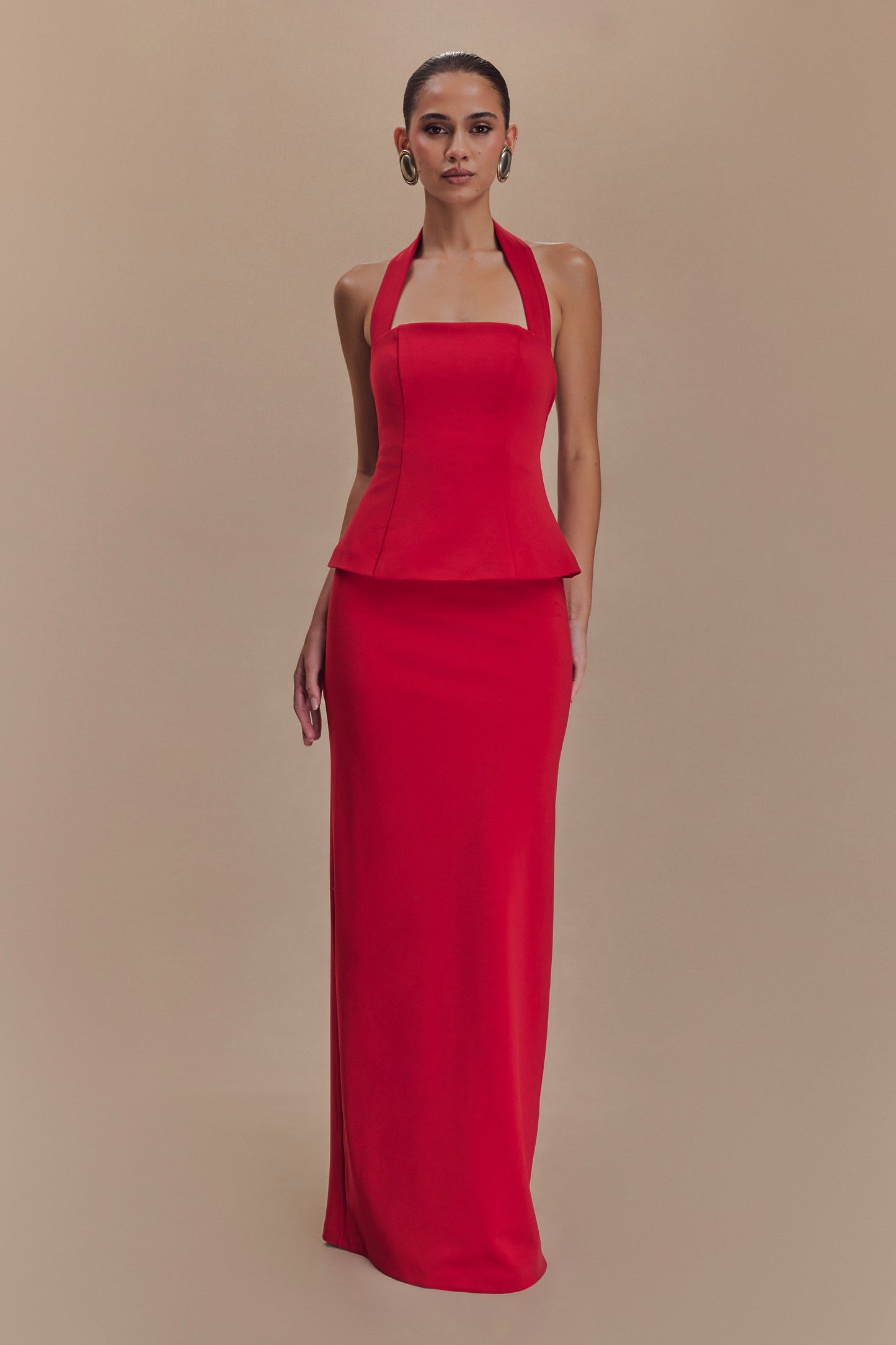 Robe Maxi Bertie à Volants et Col Halter - Rubis