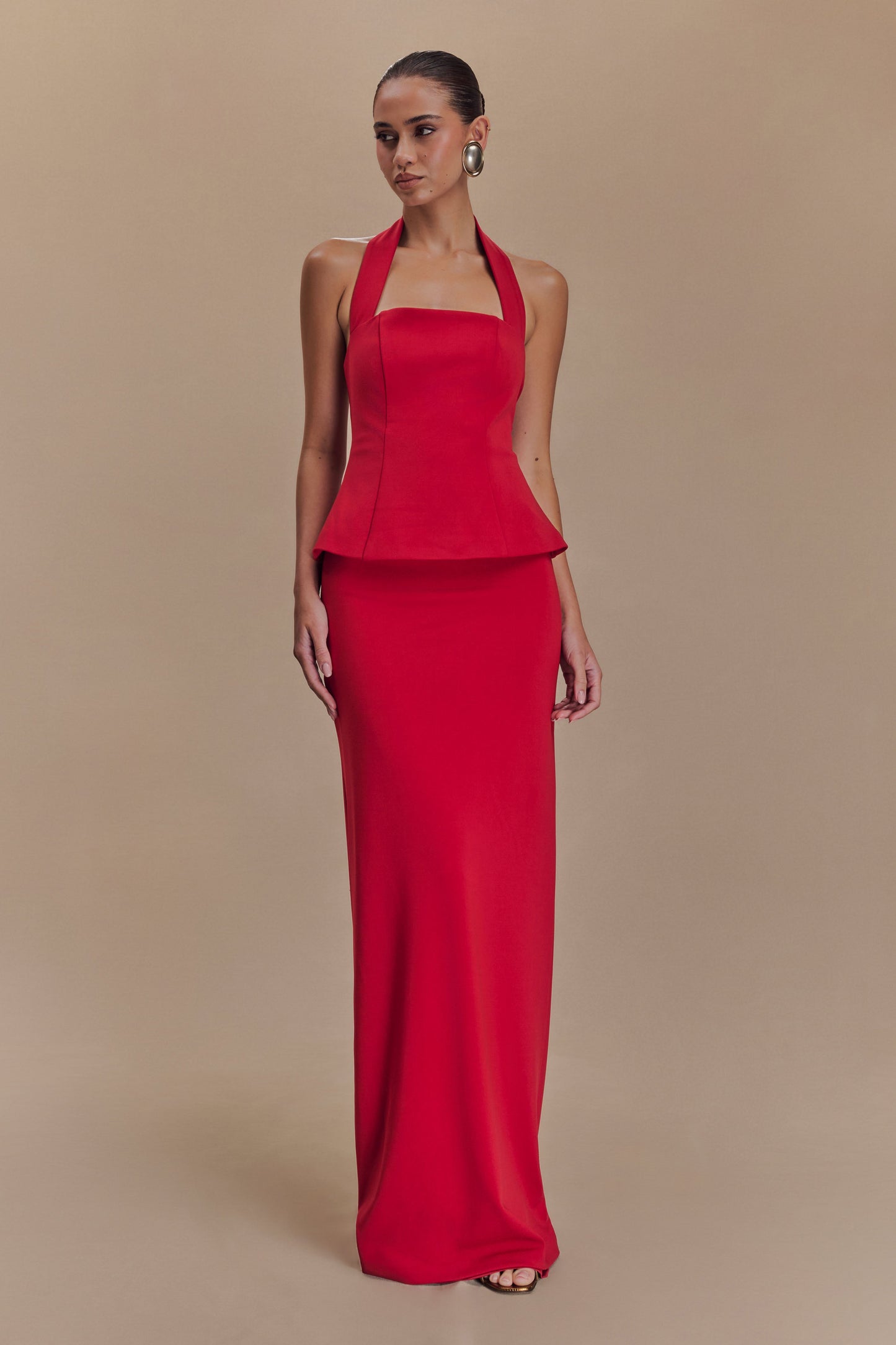 Robe Maxi Bertie à Volants et Col Halter - Rubis