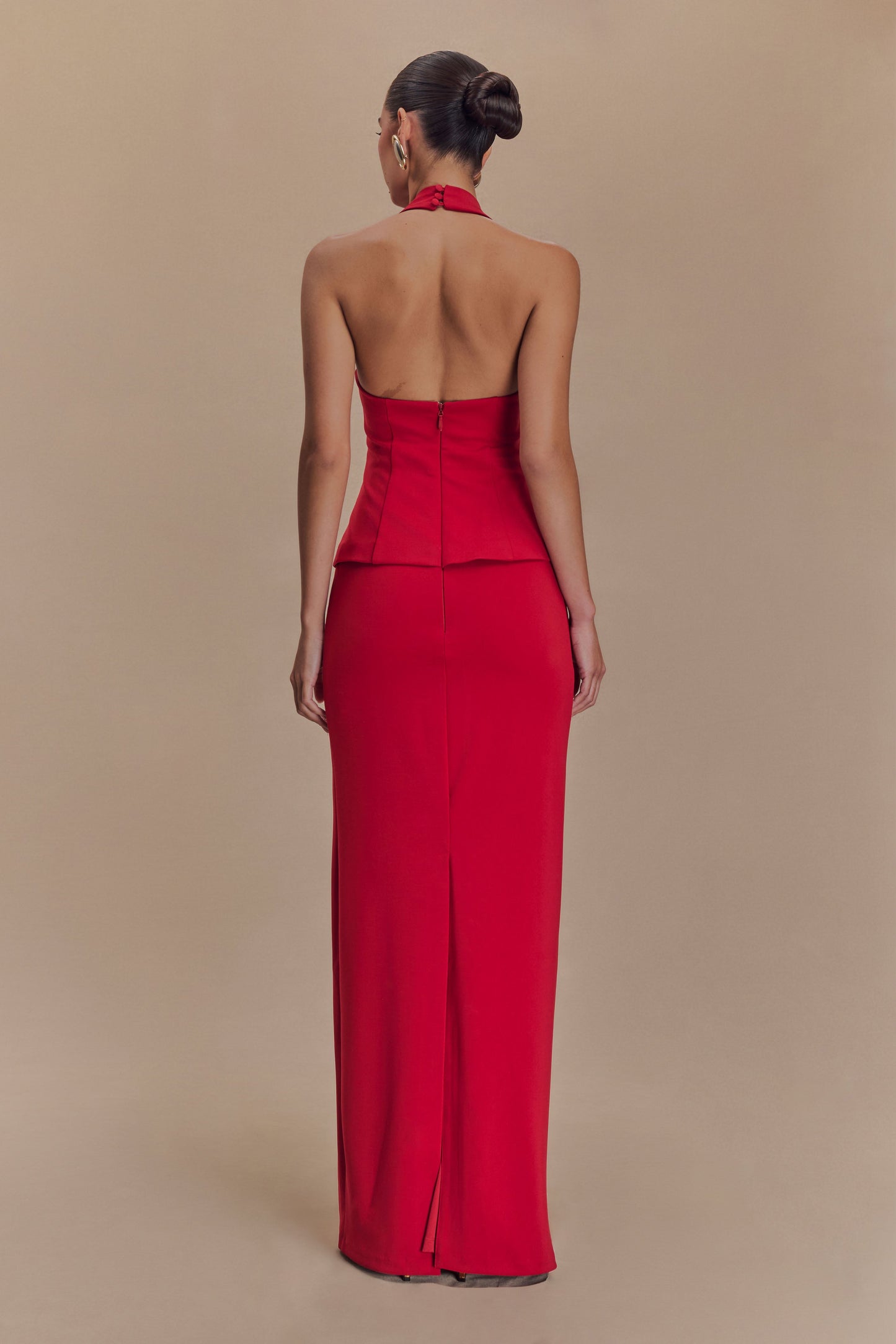 Robe Maxi Bertie à Volants et Col Halter - Rubis