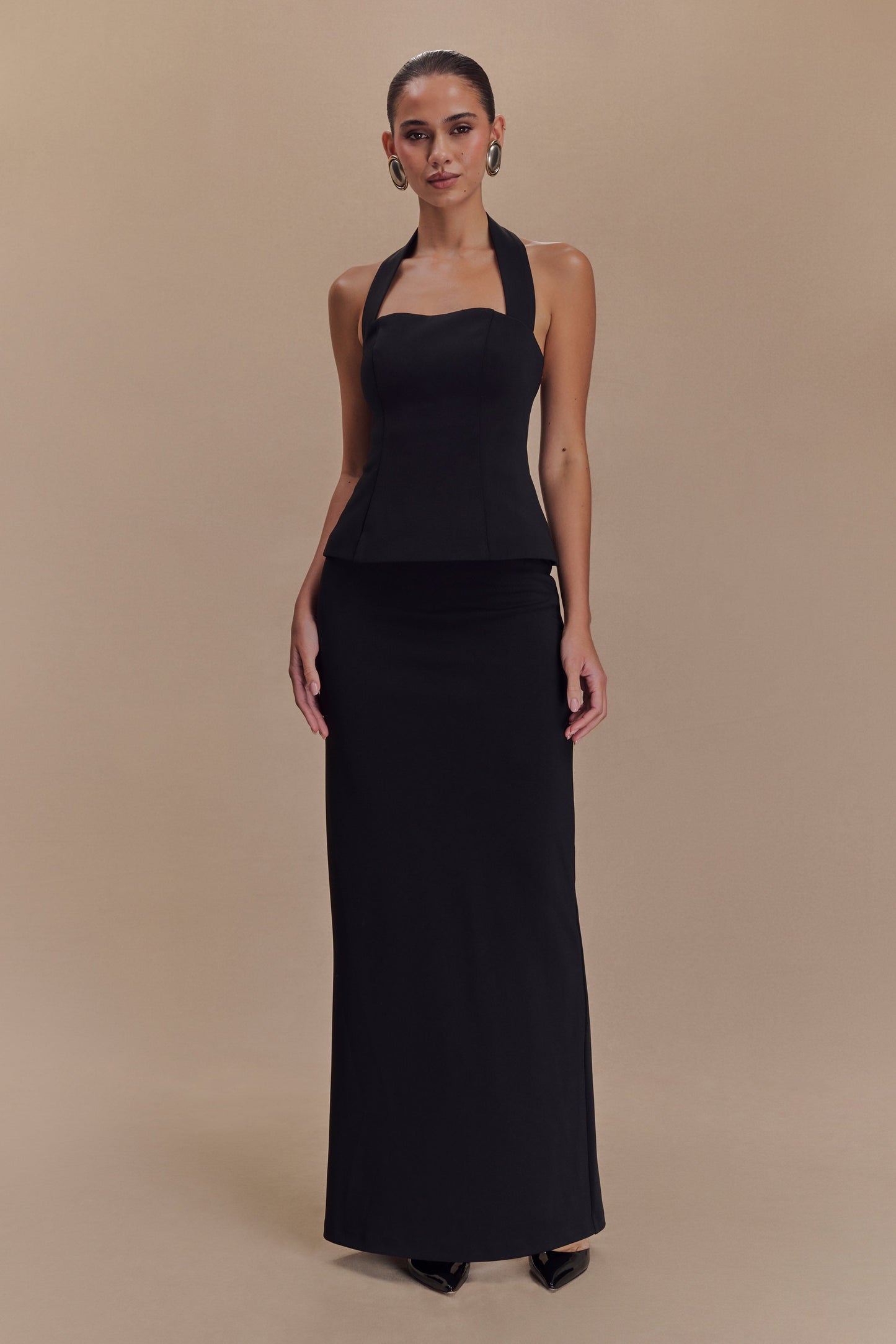 Robe Maxi Bertie à Col Haut et Volants - Noir