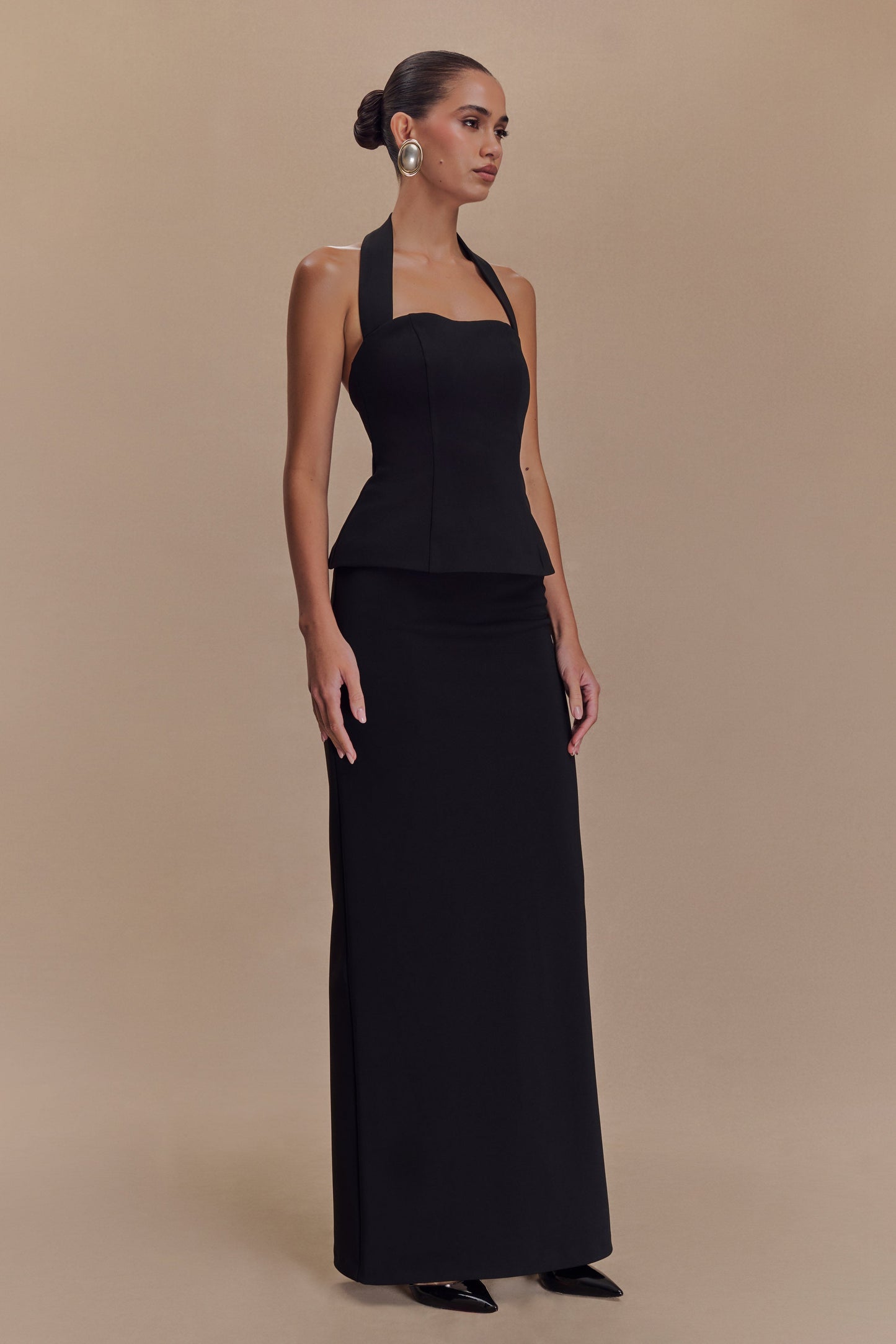 Robe Maxi Bertie à Col Haut et Volants - Noir