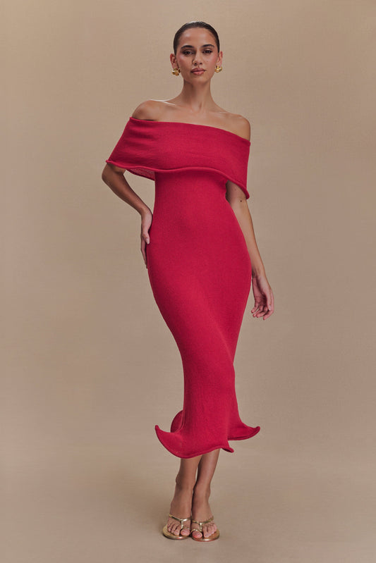 Molly Robe Mi-Longue en Tricot Décolletée - Framboise