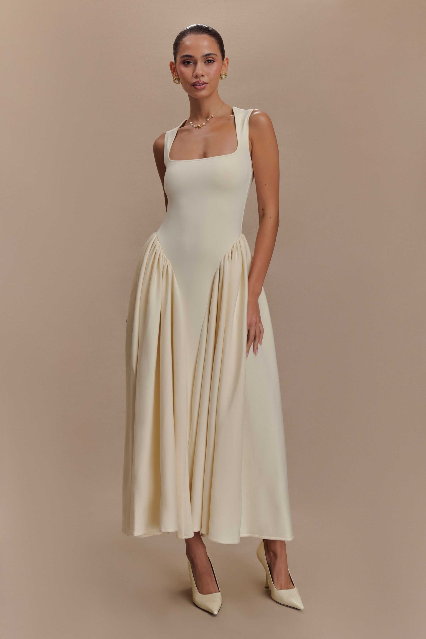 Robe mi-longue en jersey scuba Sharon - Ivoire
