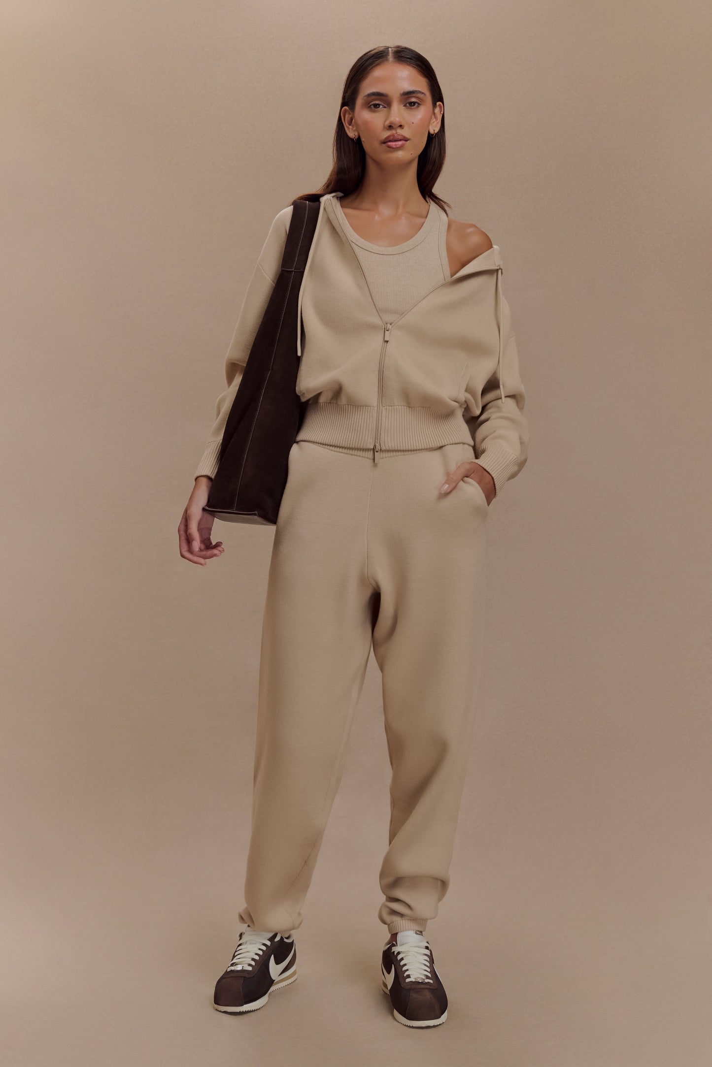 Sweat à capuche en tricot avec fermeture éclair - Camel