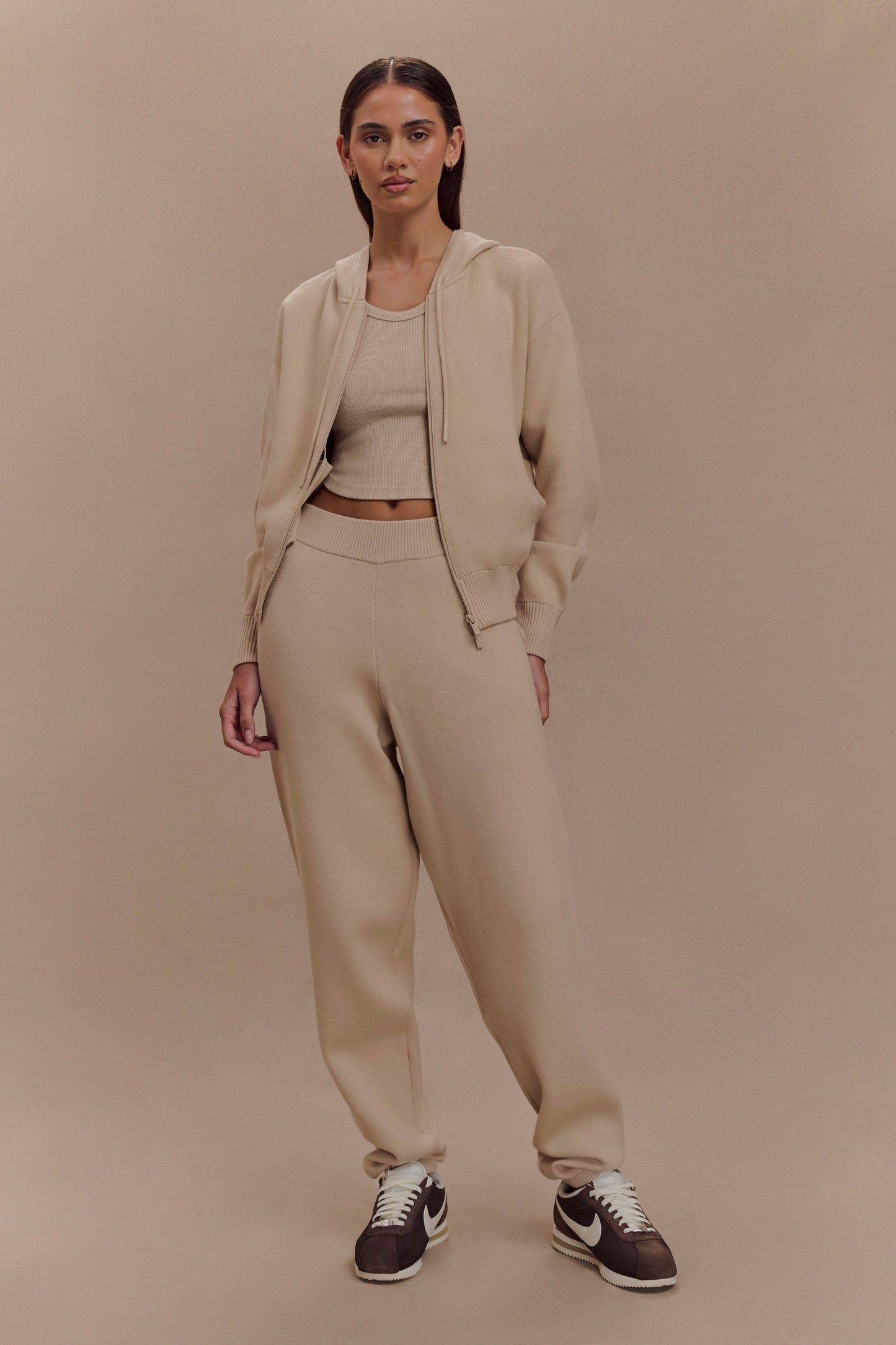 Sweat à capuche en tricot avec fermeture éclair - Camel