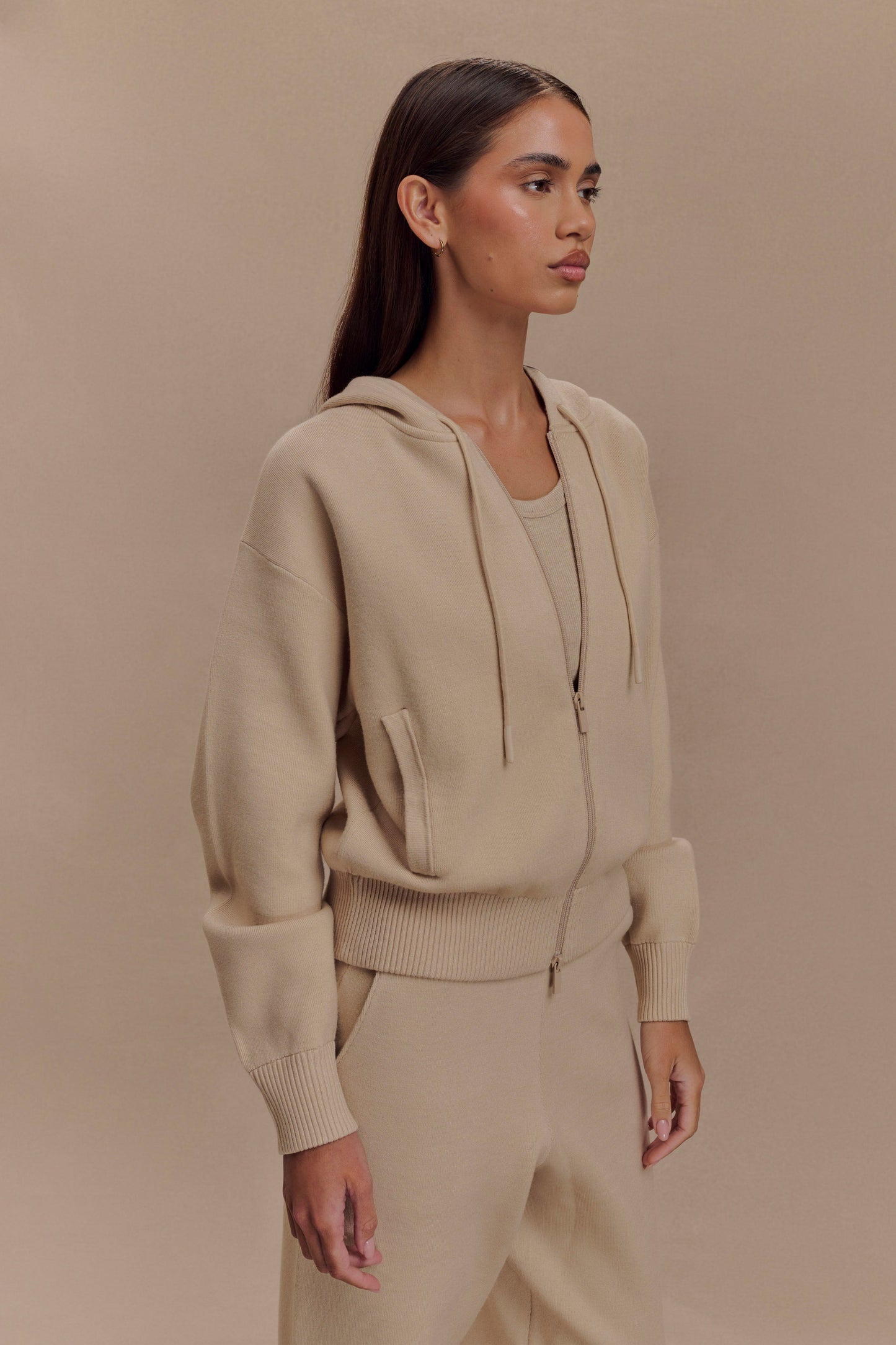 Sweat à capuche en tricot avec fermeture éclair - Camel
