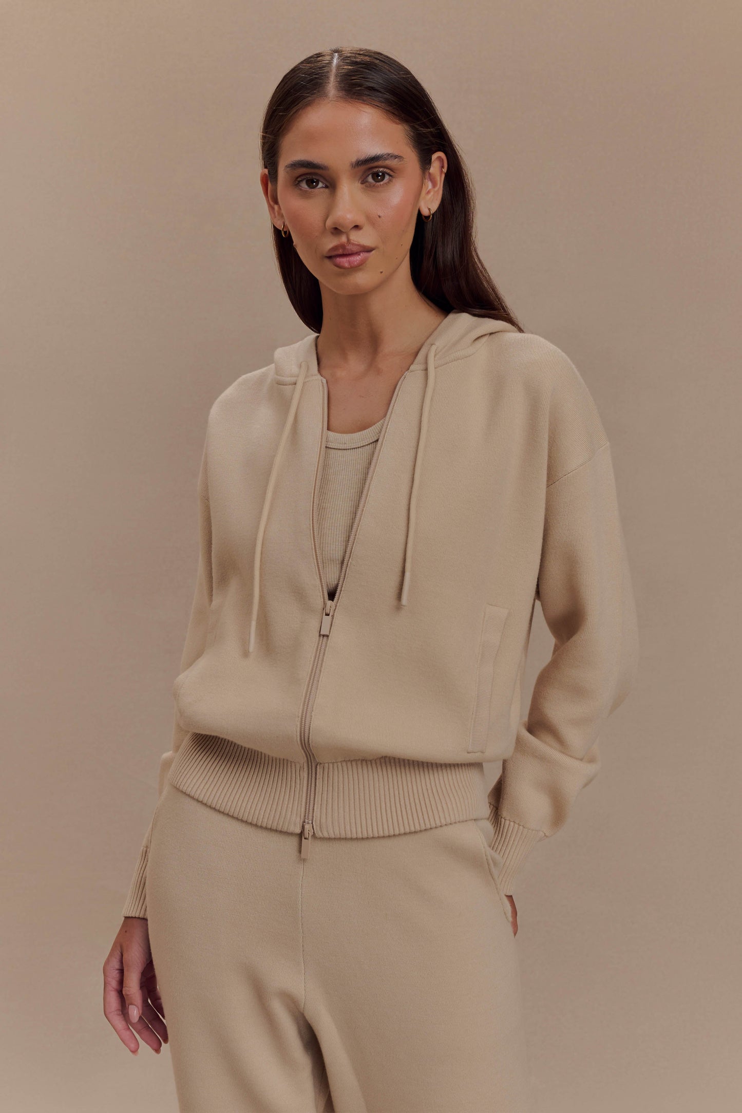 Sweat à capuche en tricot avec fermeture éclair - Camel