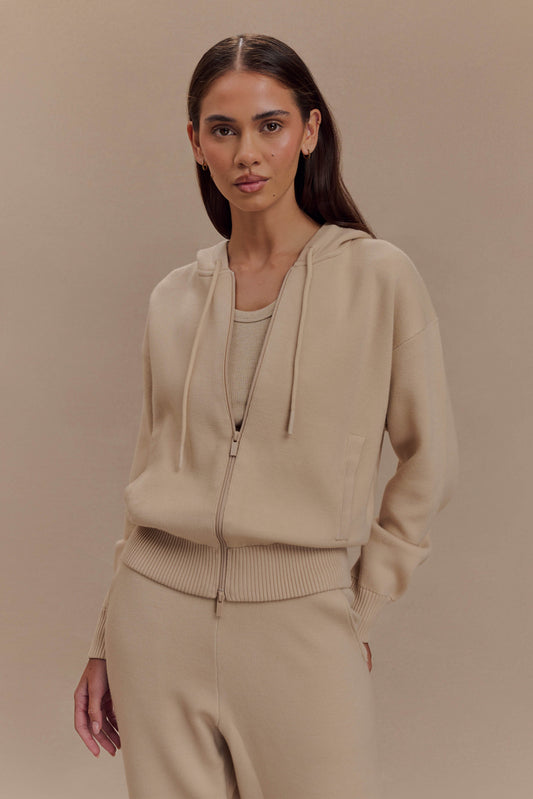 Sweat à capuche en tricot avec fermeture éclair - Camel