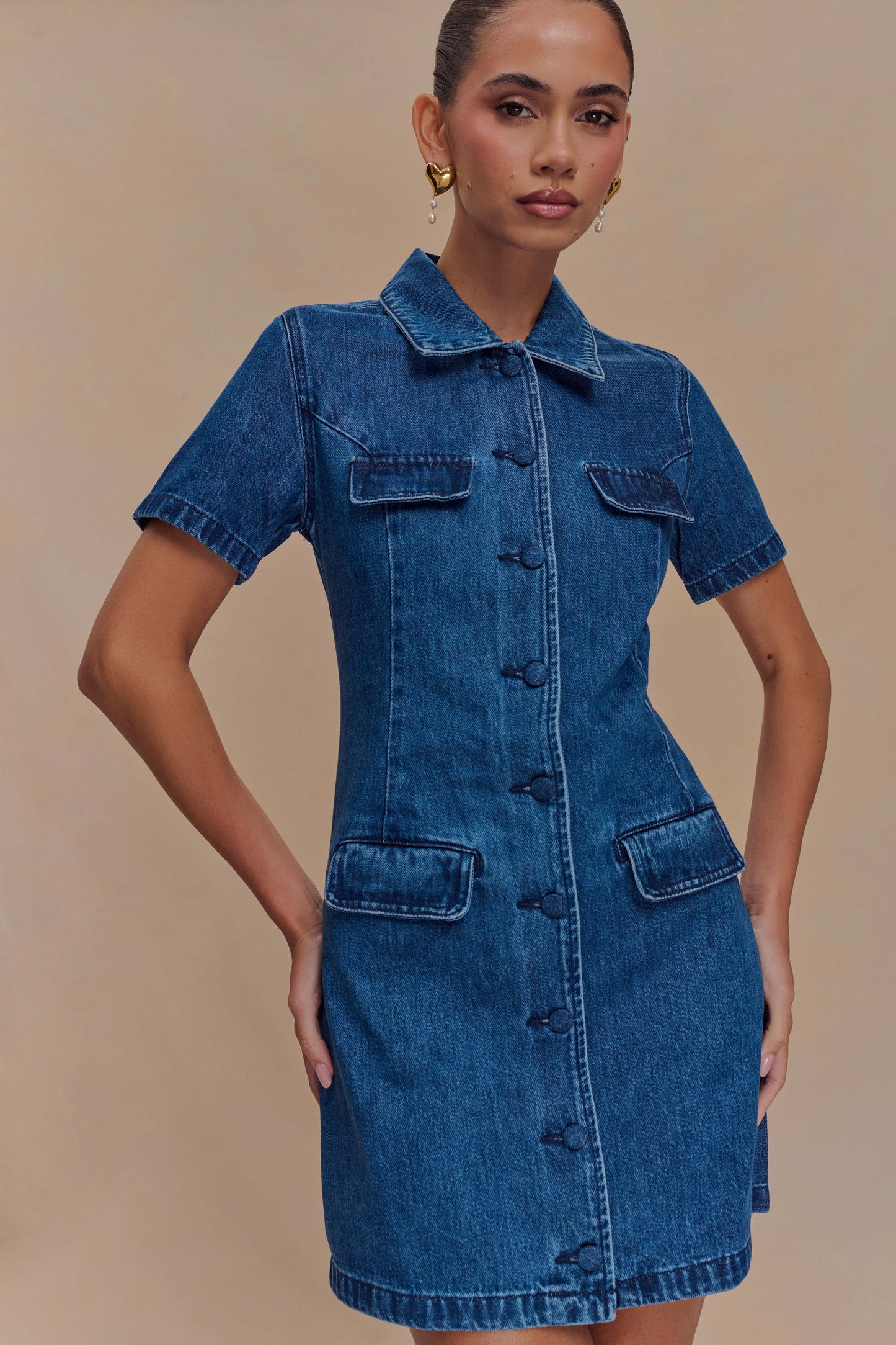 Mini-robe en jean à boutons Leighton - Bleu foncé