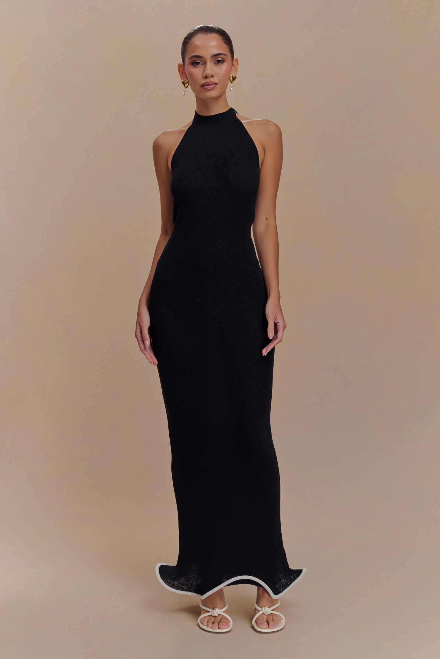 Robe Maxi Tricot Melodie à Manches Frangées - Noir/Blanc