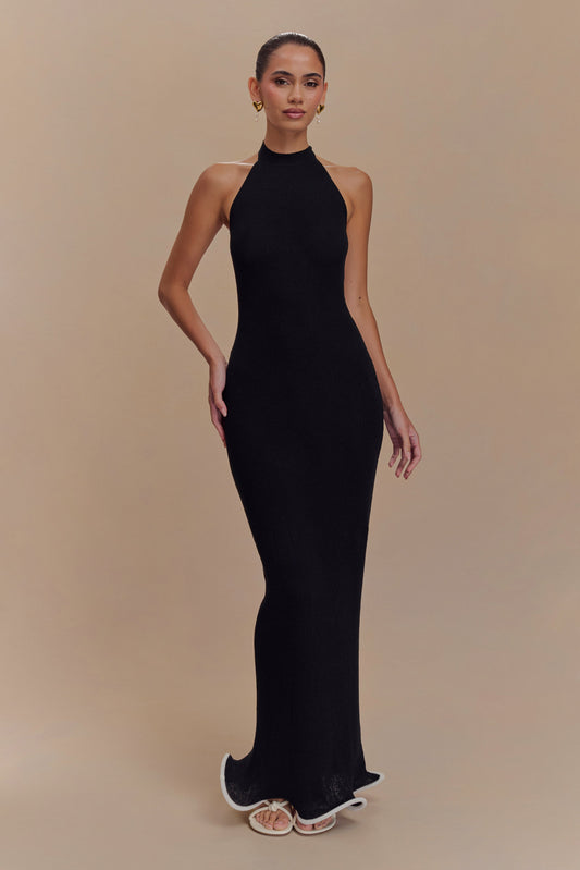 Robe Maxi Tricot Melodie à Manches Frangées - Noir/Blanc