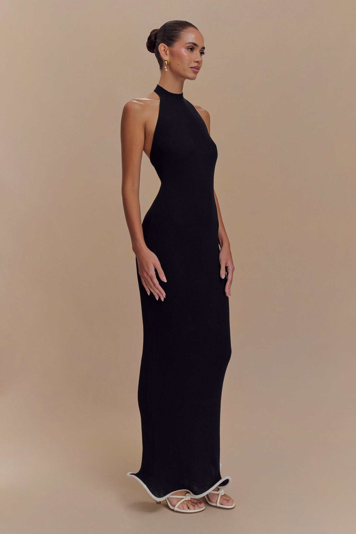 Robe Maxi Tricot Melodie à Manches Frangées - Noir/Blanc