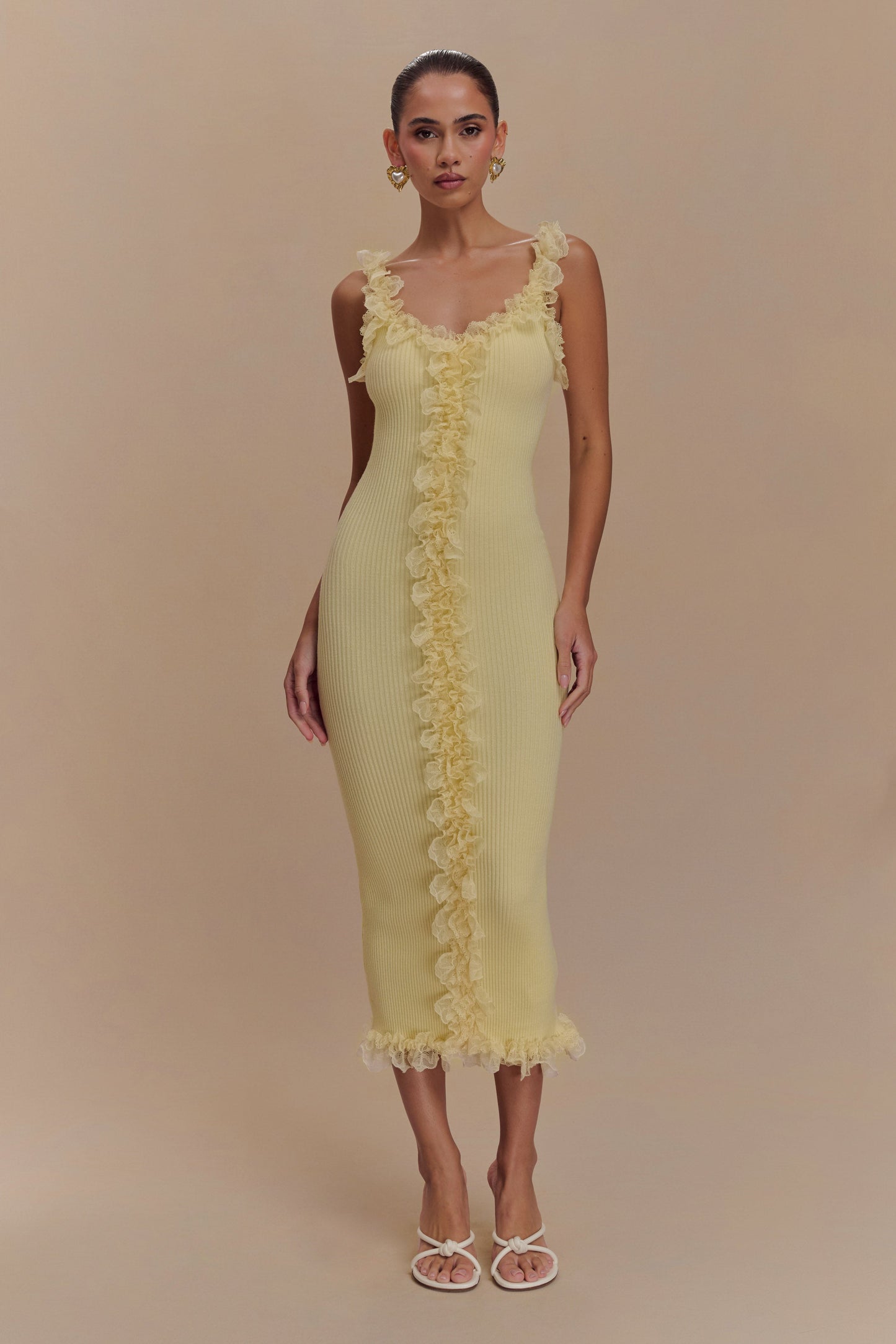 Robe mi-longue en jersey à volants et dentelle Shay - Citron