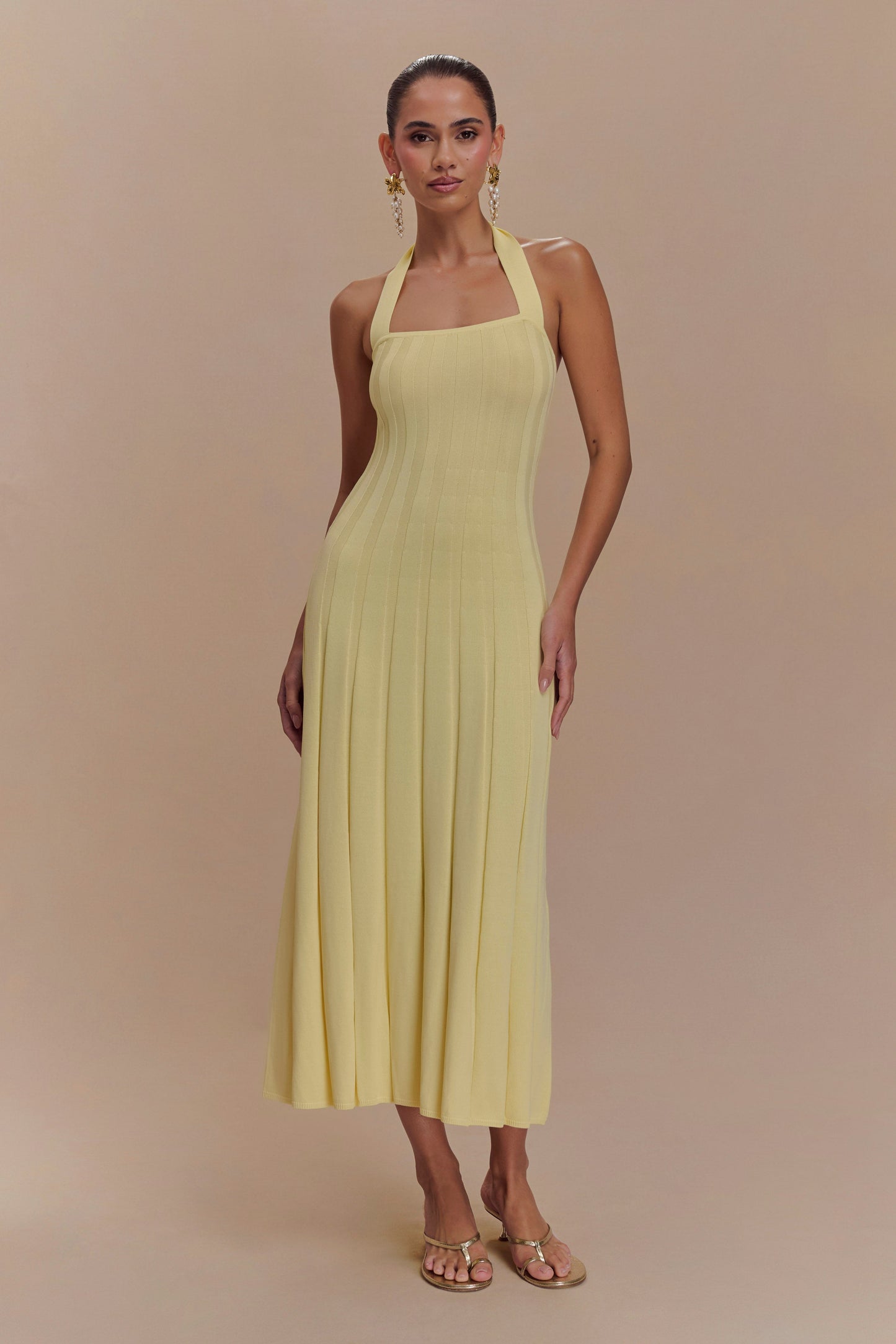 Jacqui Robe Mi-Longue en Tricot à Manches Frangées - Citron