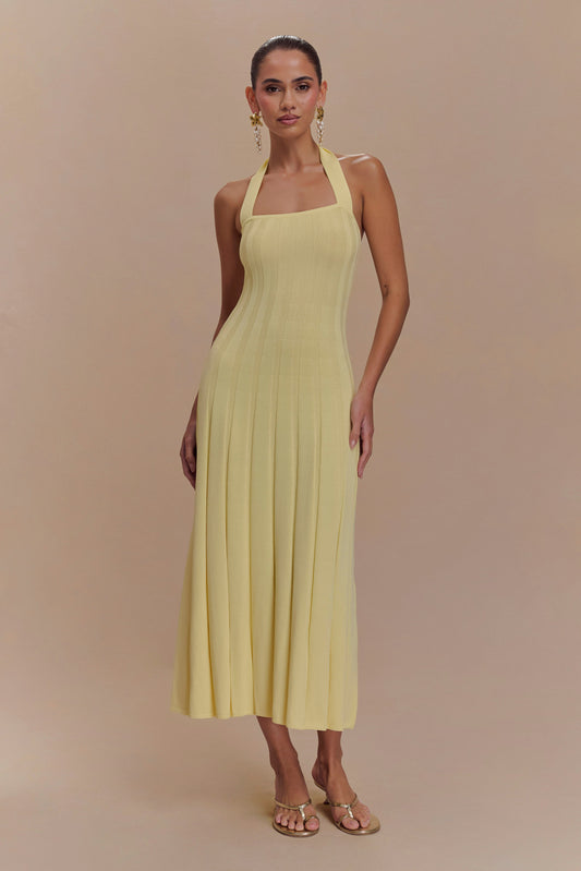 Jacqui Robe Mi-Longue en Tricot à Manches Frangées - Citron
