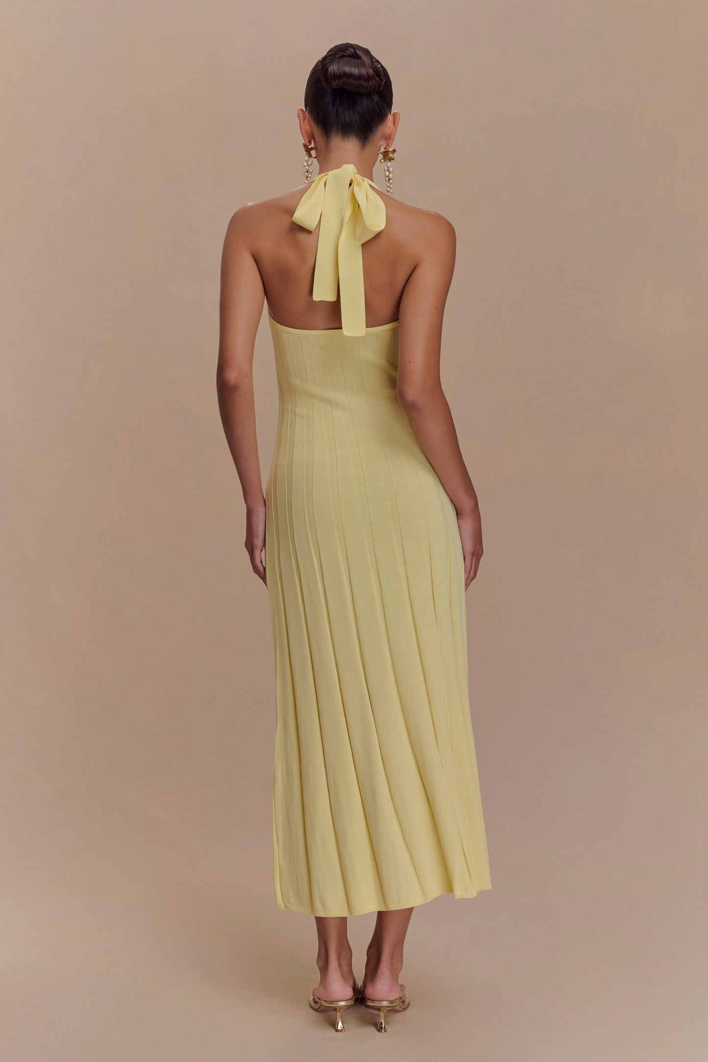 Jacqui Robe Mi-Longue en Tricot à Manches Frangées - Citron