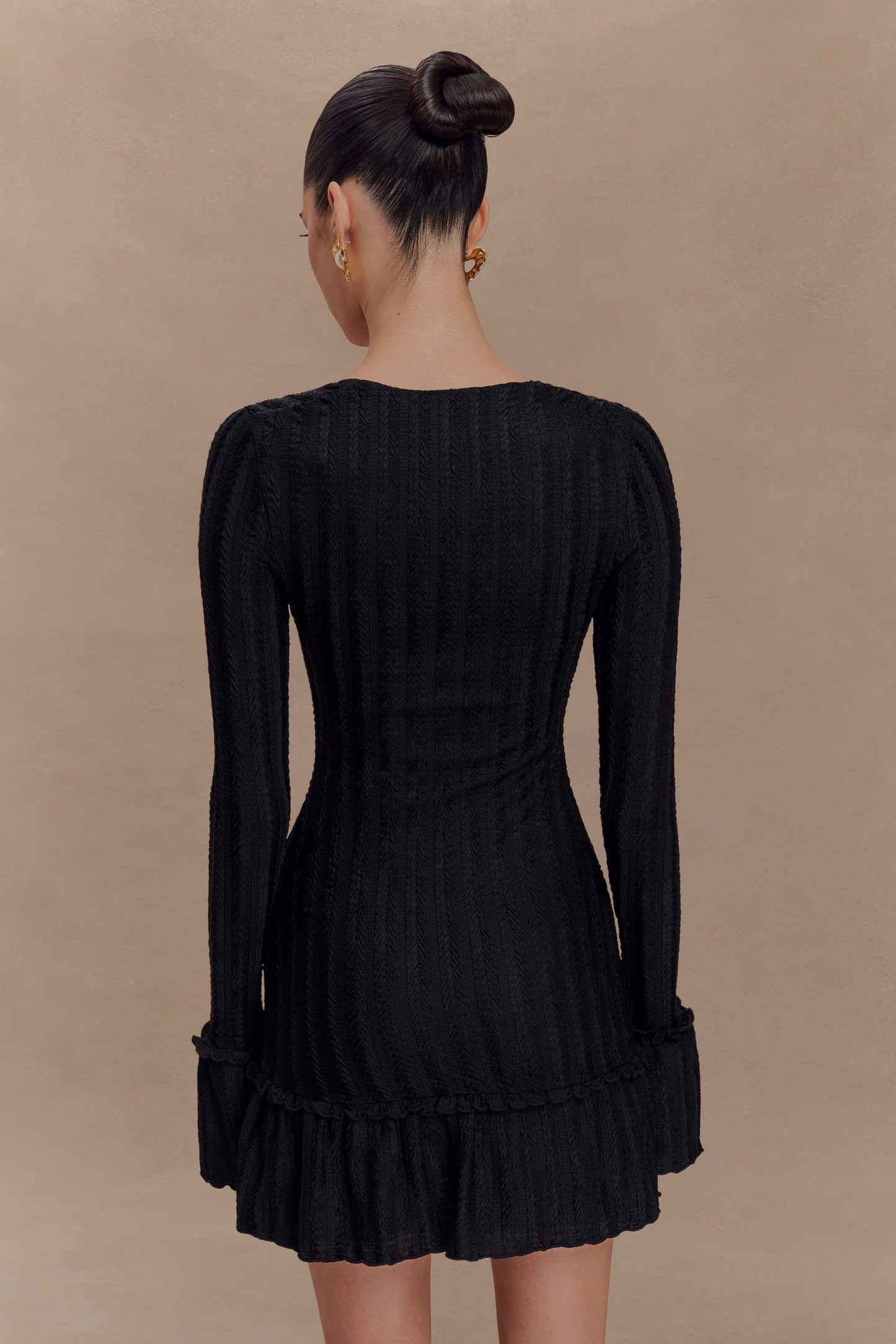 Robe mini à manches longues en pointelle Daphne - Noir