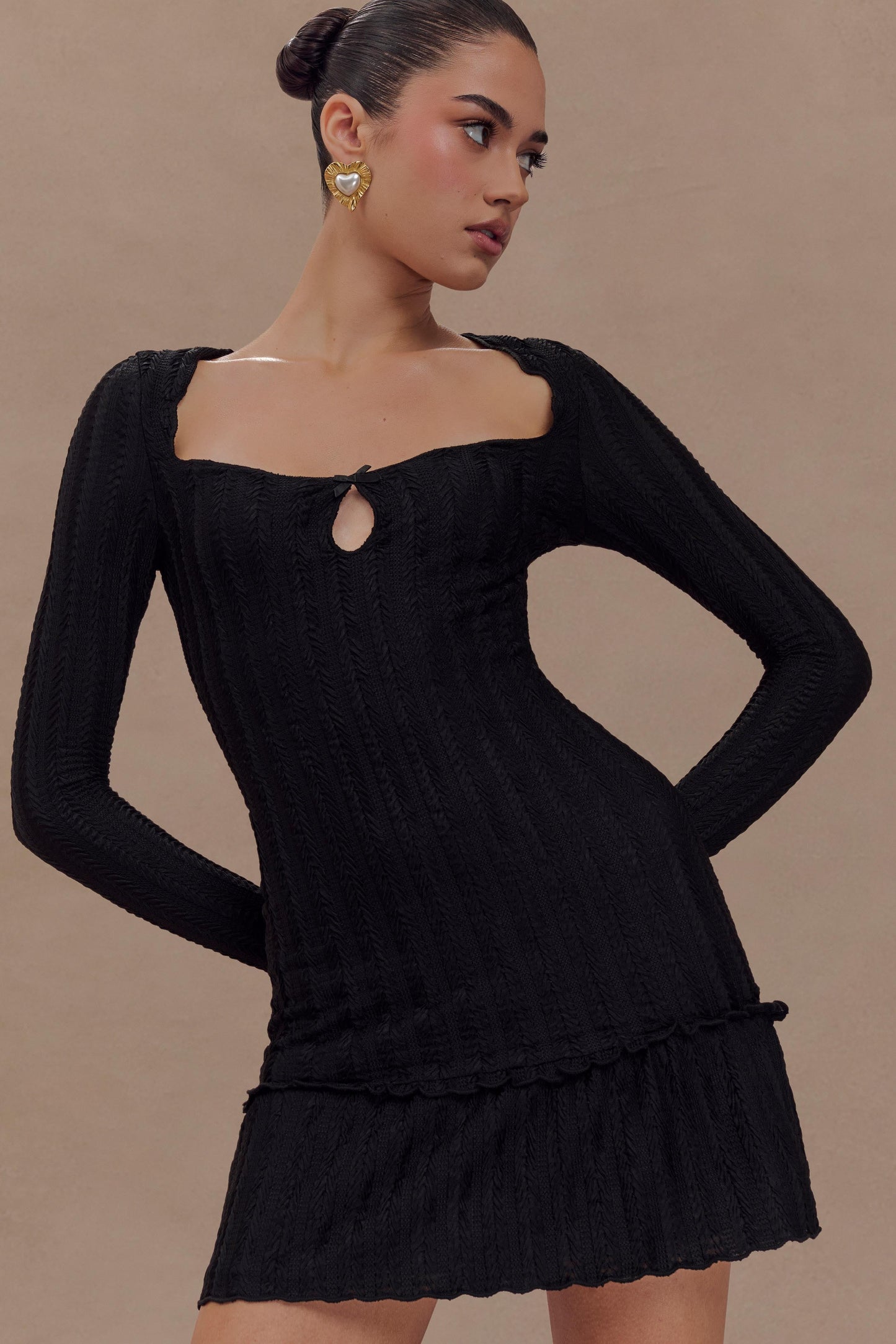 Robe mini à manches longues en pointelle Daphne - Noir