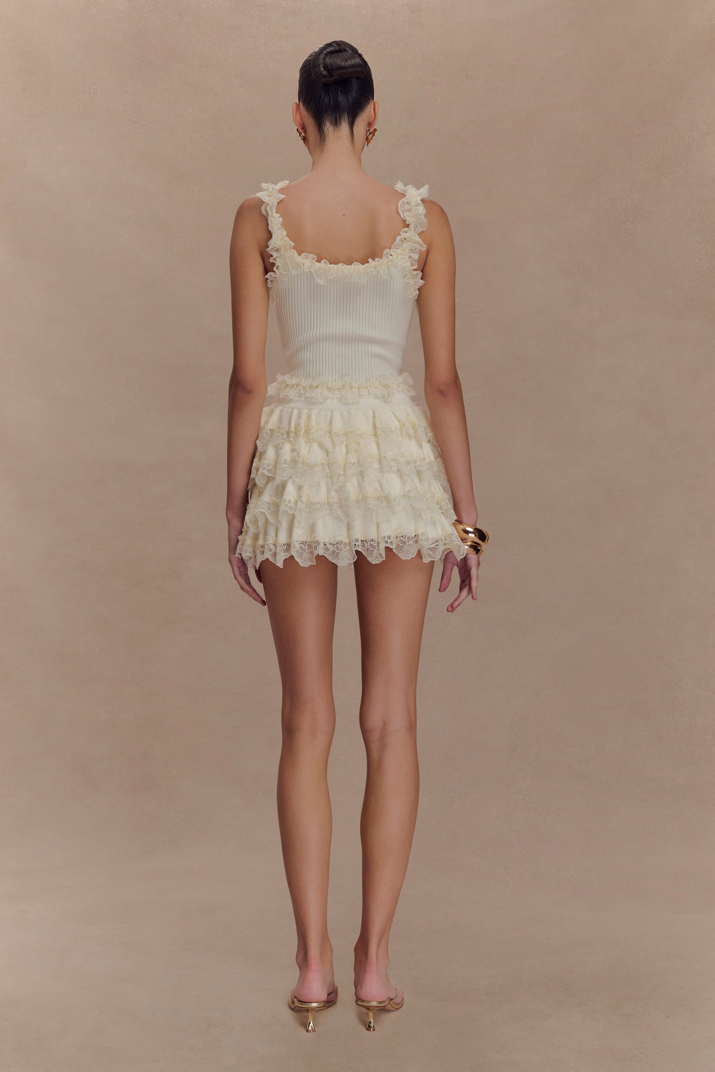 Top en tricot à volants et dentelle Shay - Crème