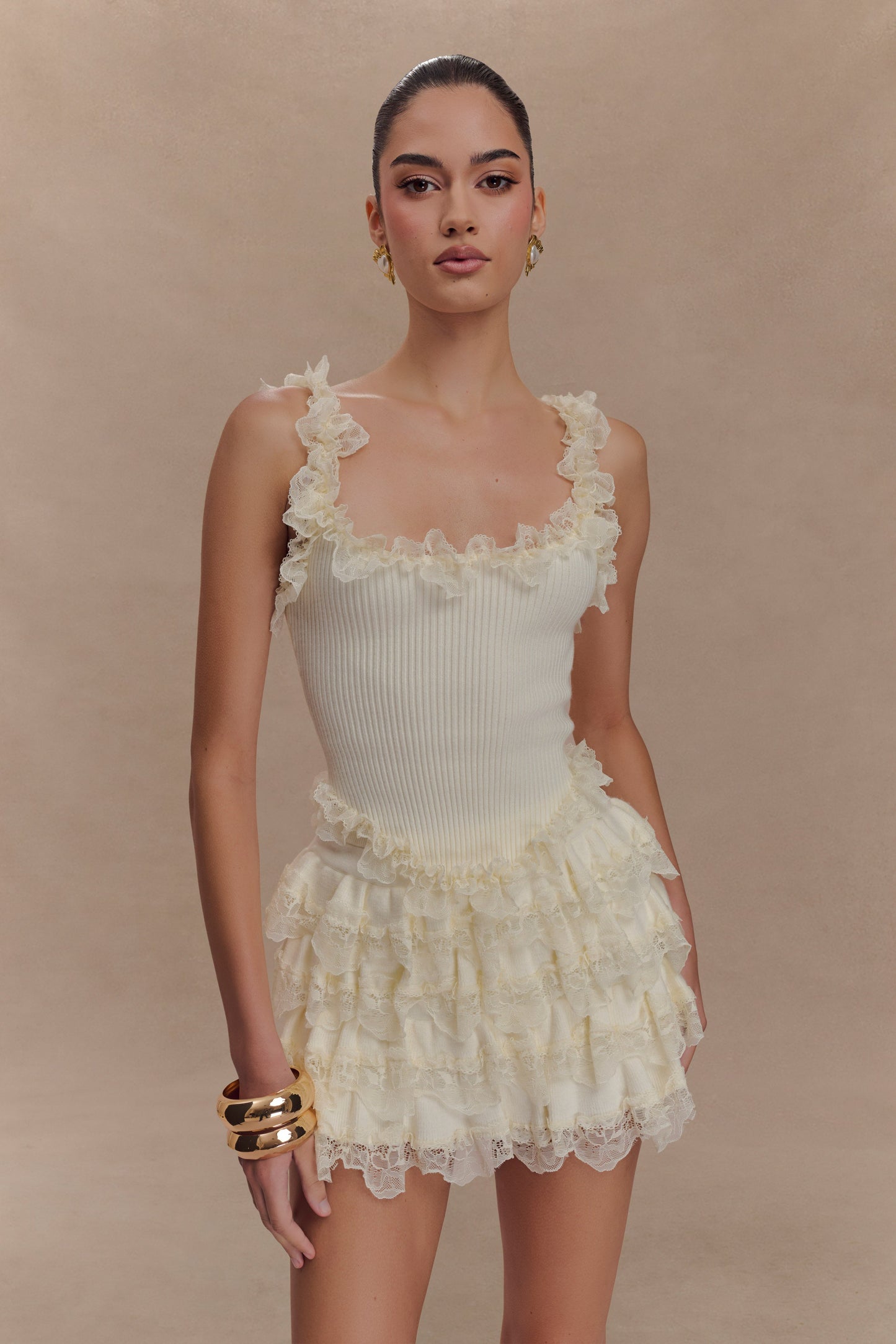Top en tricot à volants et dentelle Shay - Crème