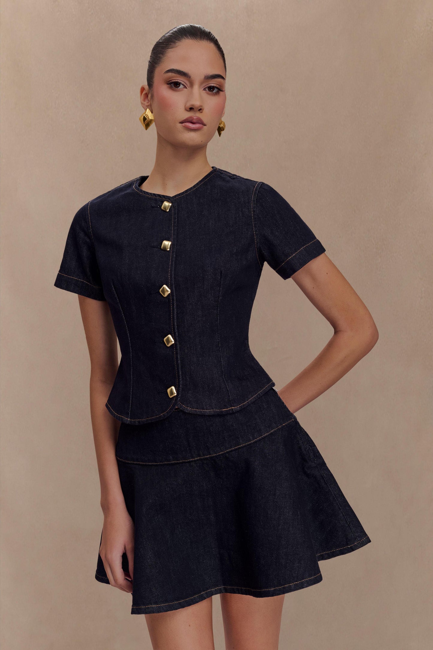 Top en jean à manches courtes et boutons - Bleu indigo délavé