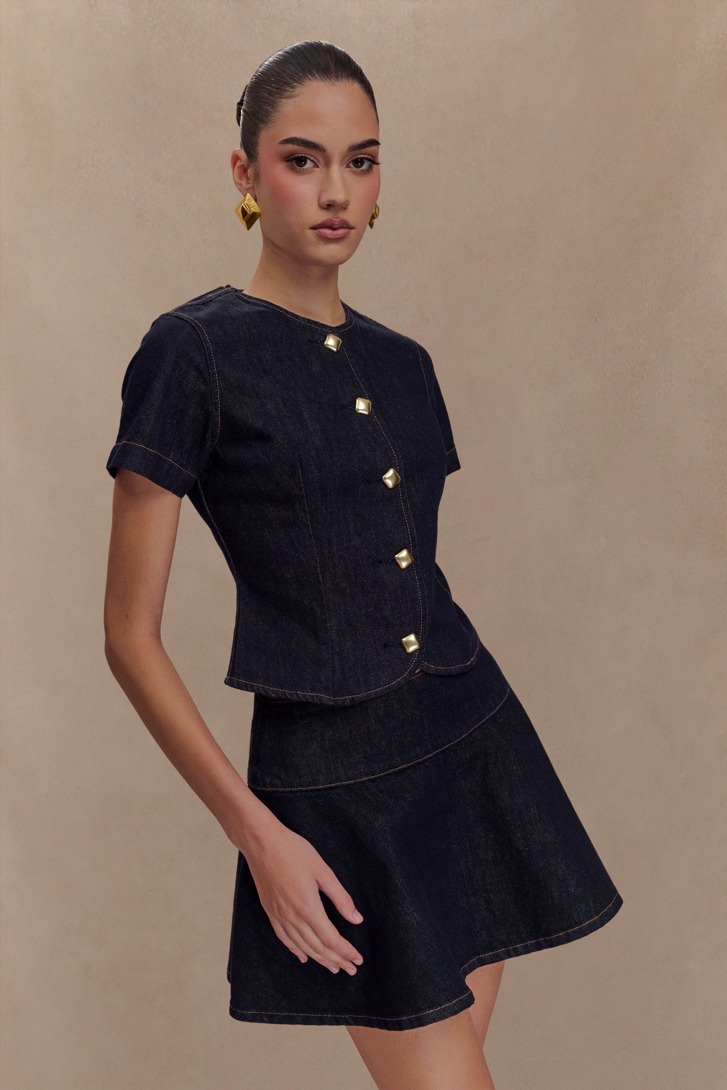 Top en jean à manches courtes et boutons - Bleu indigo délavé