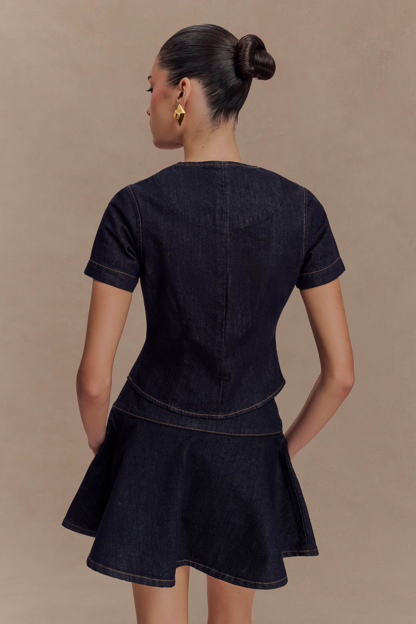 Top en jean à manches courtes et boutons - Bleu indigo délavé