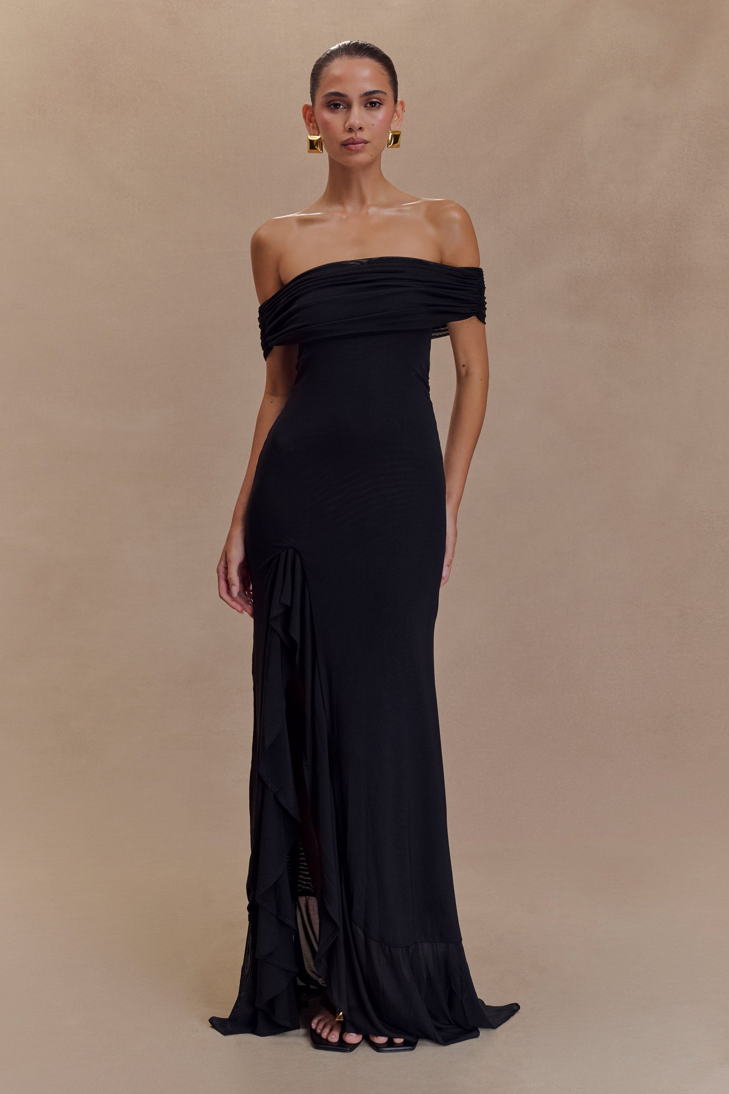 Audrey Robe Maxi en Maille à Manches Décolletées - Noir