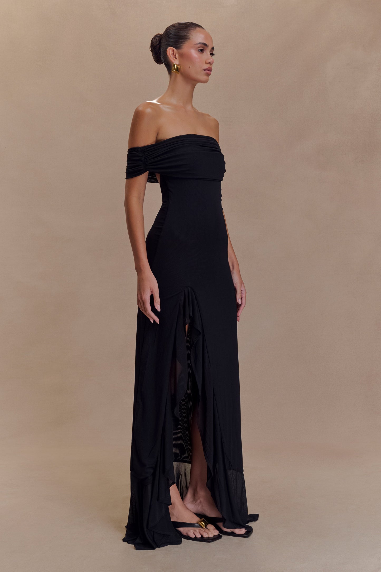 Audrey Robe Maxi en Maille à Manches Décolletées - Noir