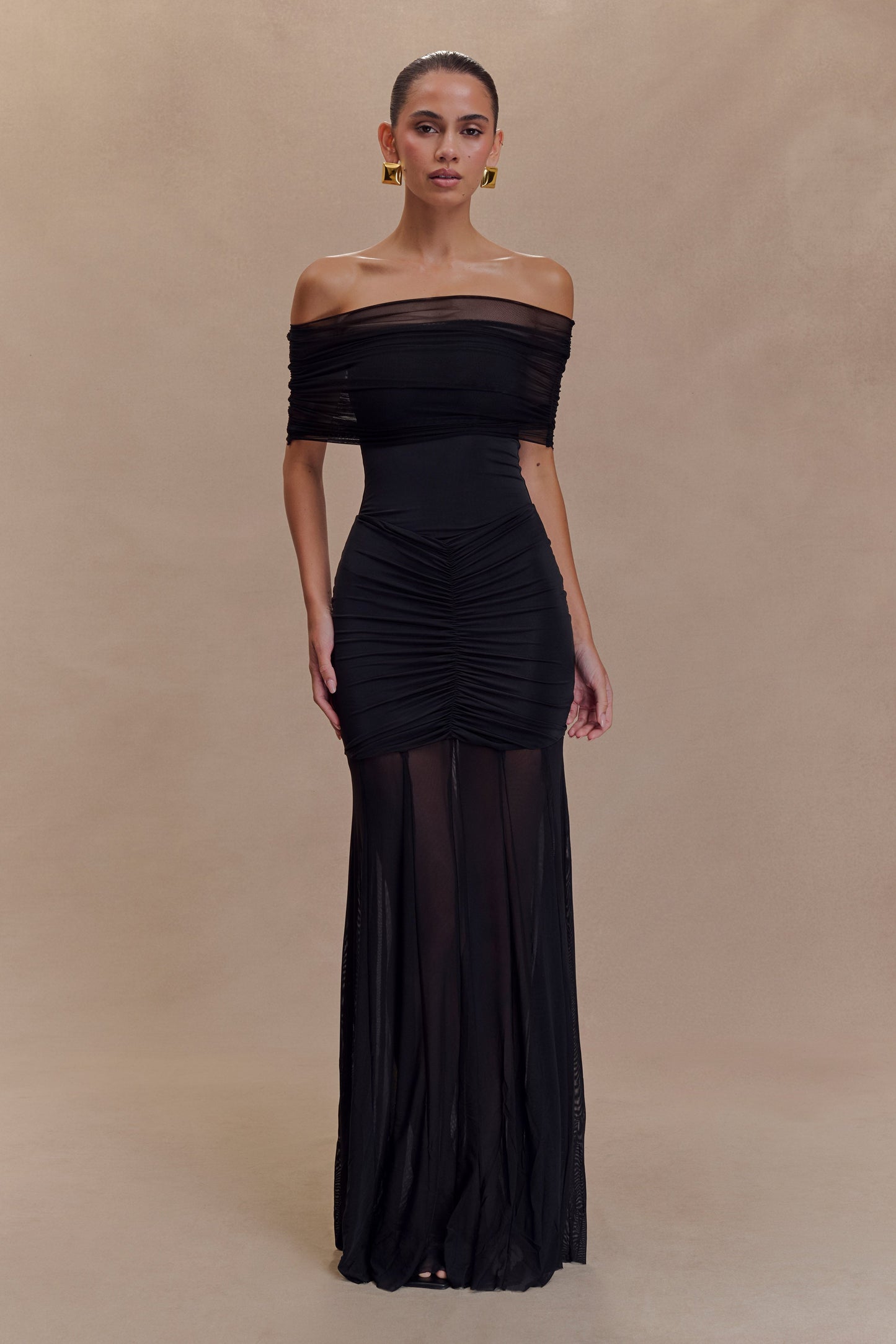 Robe Maxi Décolletée et à Manches en Mousseline et Dentelle - Noir