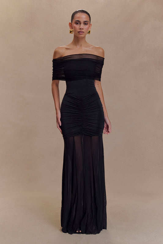 Robe Maxi Décolletée et à Manches en Mousseline et Dentelle - Noir