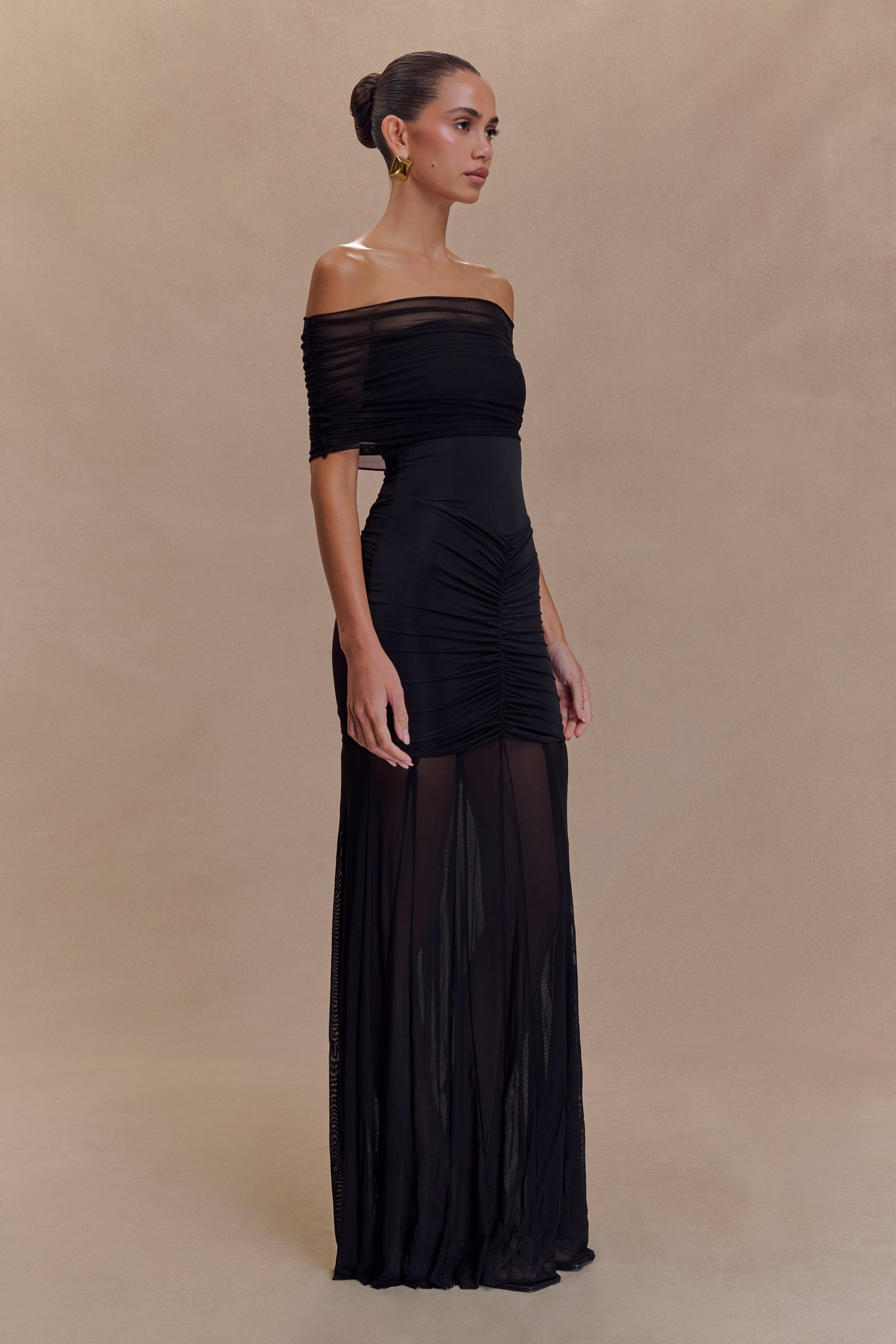 Robe Maxi Décolletée et à Manches en Mousseline et Dentelle - Noir