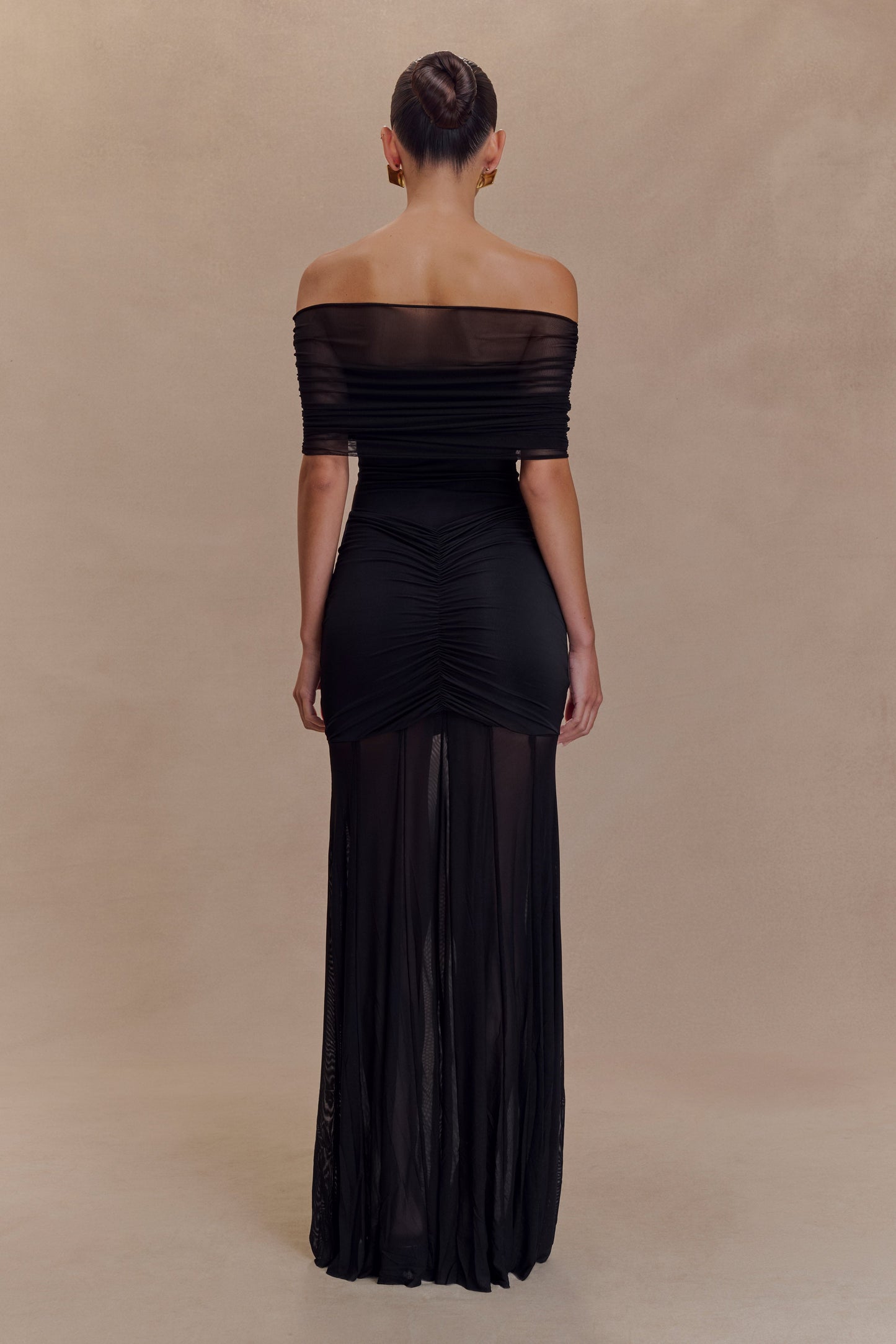 Robe Maxi Décolletée et à Manches en Mousseline et Dentelle - Noir