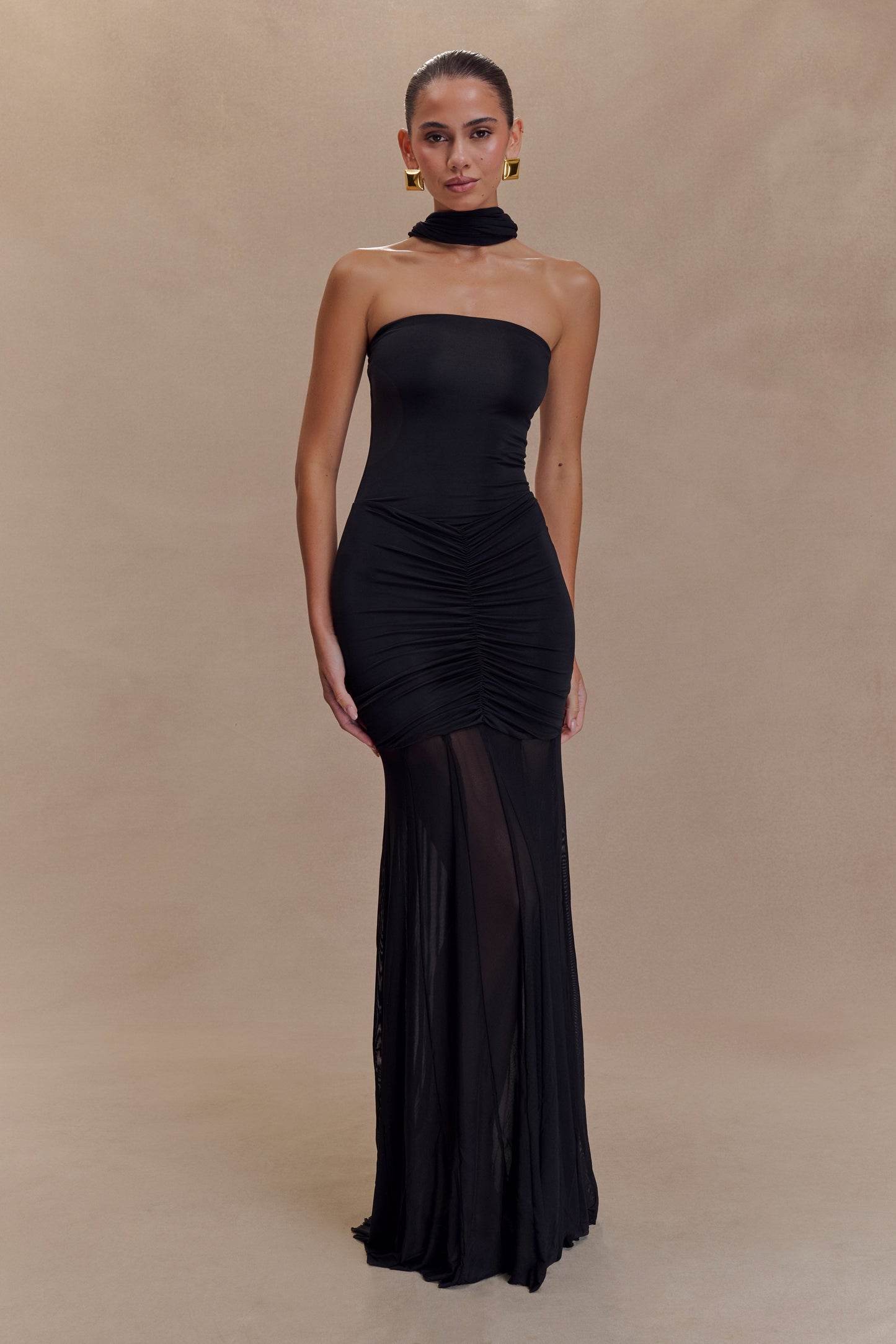 Robe Maxi Décolletée et à Manches en Mousseline et Dentelle - Noir