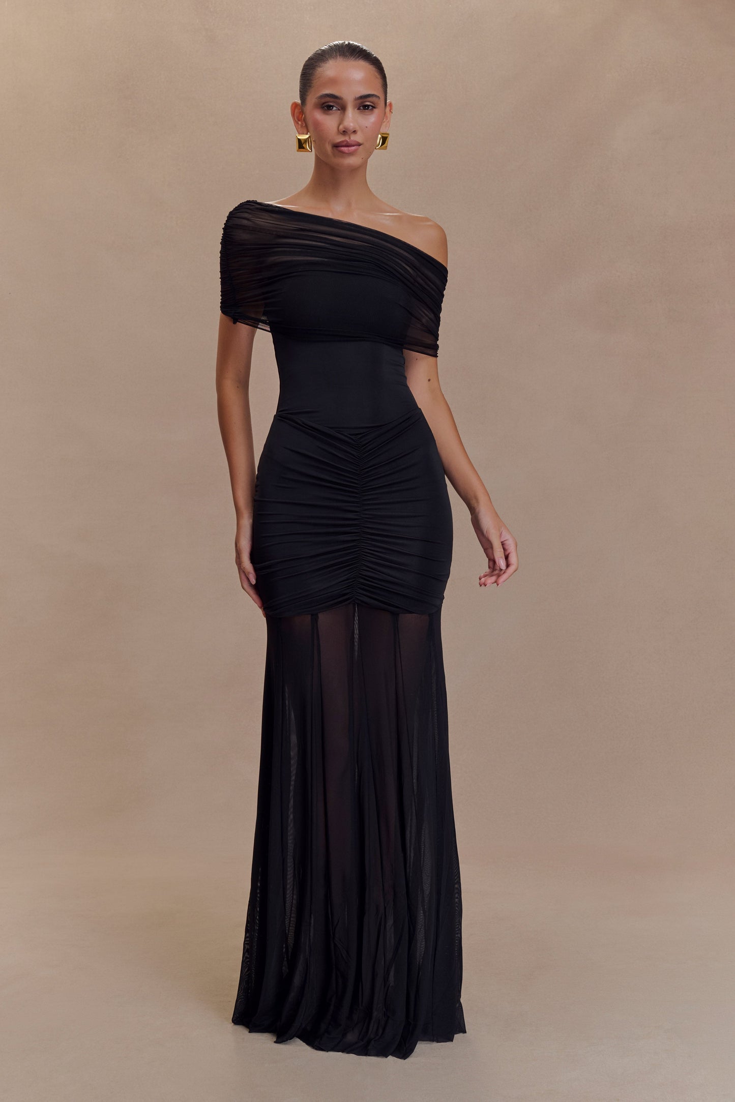 Robe Maxi Décolletée et à Manches en Mousseline et Dentelle - Noir