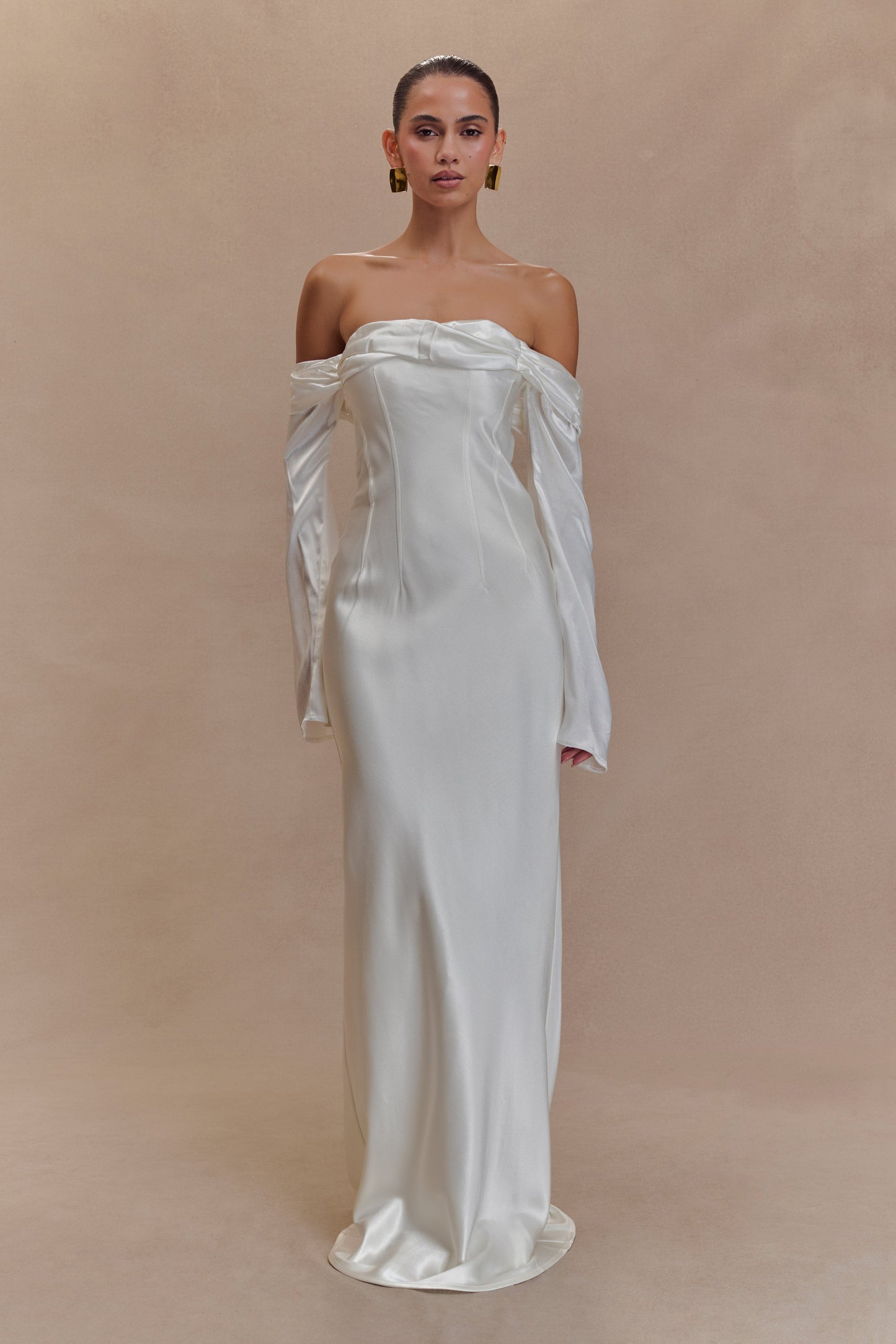 Robe Maxi Giselle à Manches Décolletées et Col Chaudron - Blanc