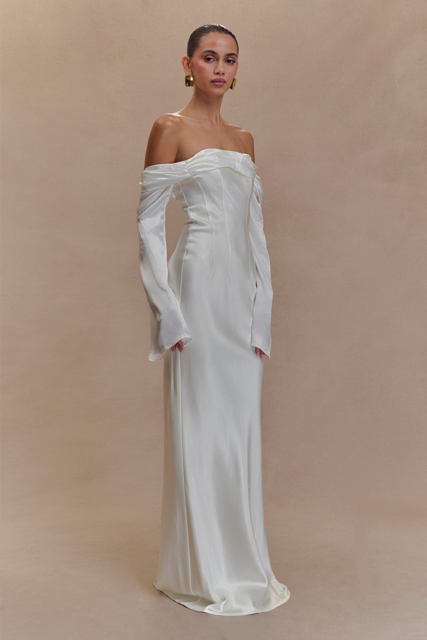 Robe Maxi Giselle à Manches Décolletées et Col Chaudron - Blanc