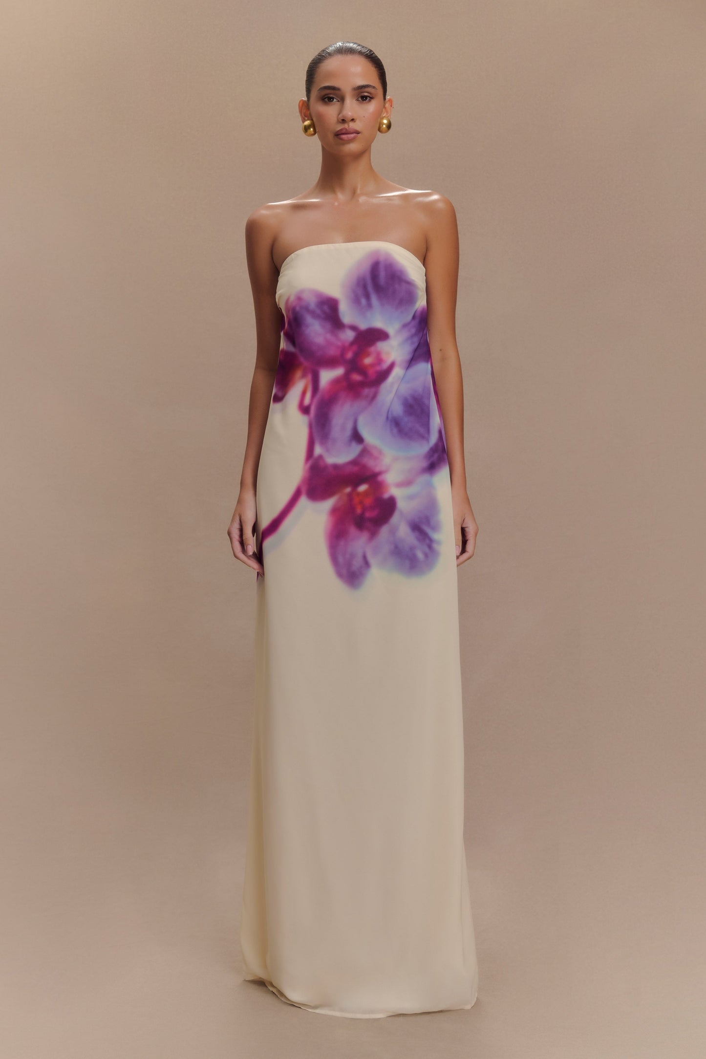Amaya Robe Maxi en Chiffon sans Bretelles - Imprimé Orchidée Koi Ivoire