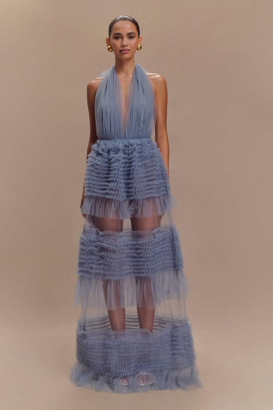 Minka Robe Maxi Halter à Volants en Maille - Bleu Cendré