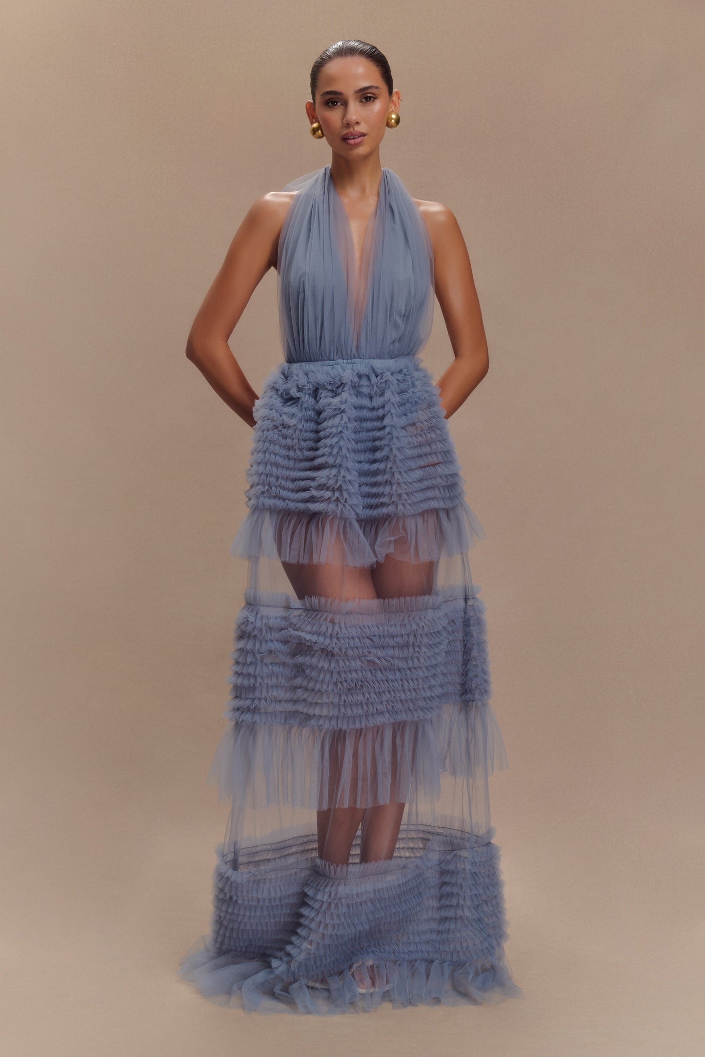 Minka Robe Maxi Halter à Volants en Maille - Bleu Cendré