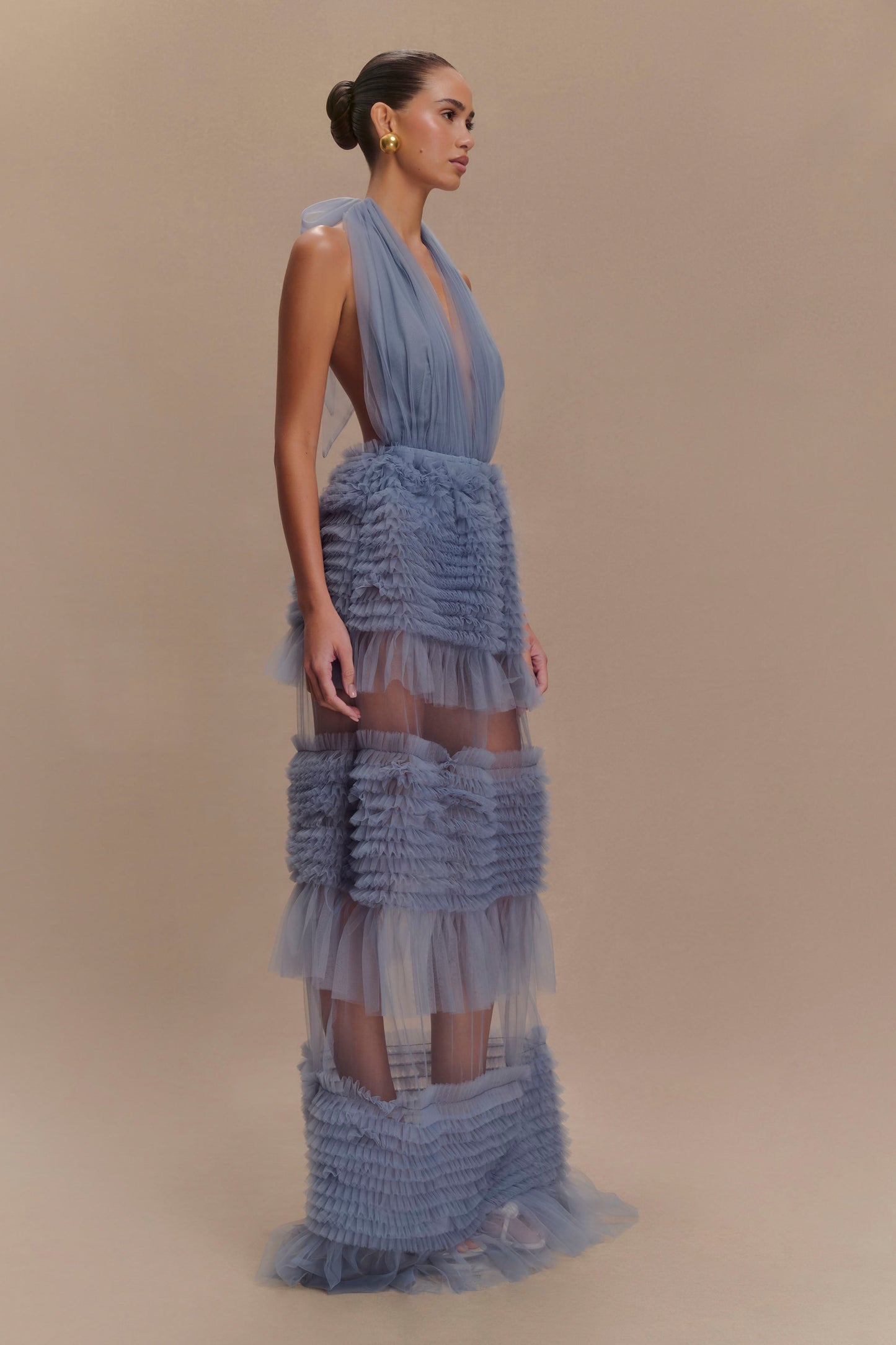 Minka Robe Maxi Halter à Volants en Maille - Bleu Cendré