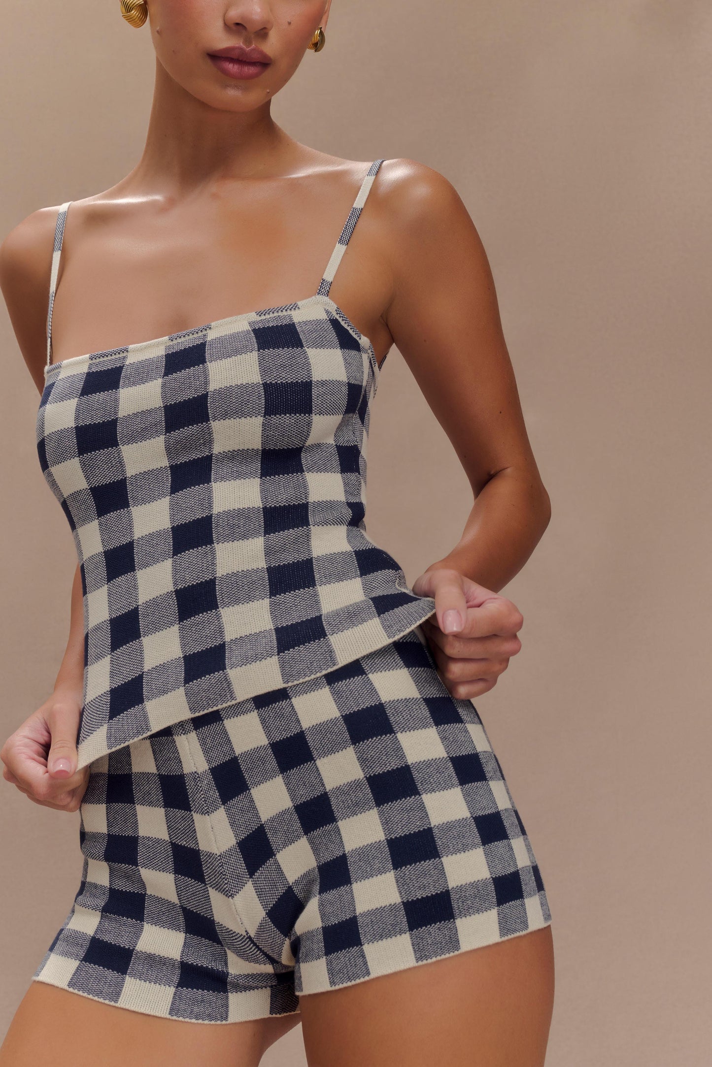 Marcie, haut en tricot sans manches - carreaux bleu marine