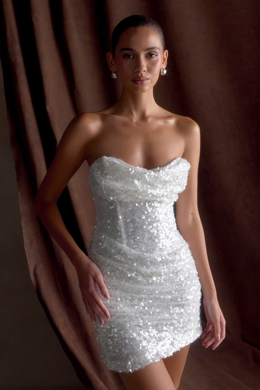 Mini-robe Nala sans bretelles, pailletée - Blanche