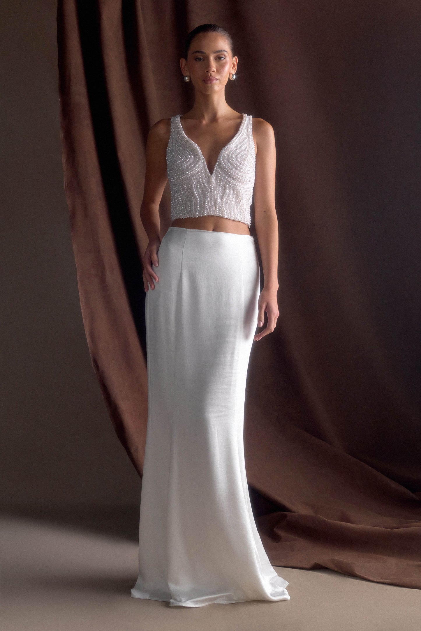 Jupe Maxi Queue de Poisson en Satin Khloe - Blanche