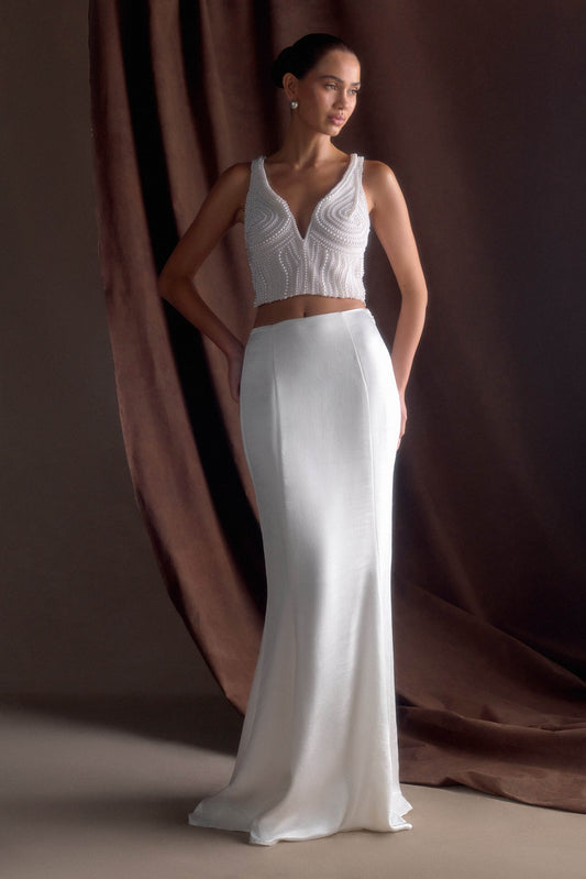 Jupe Maxi Queue de Poisson en Satin Khloe - Blanche