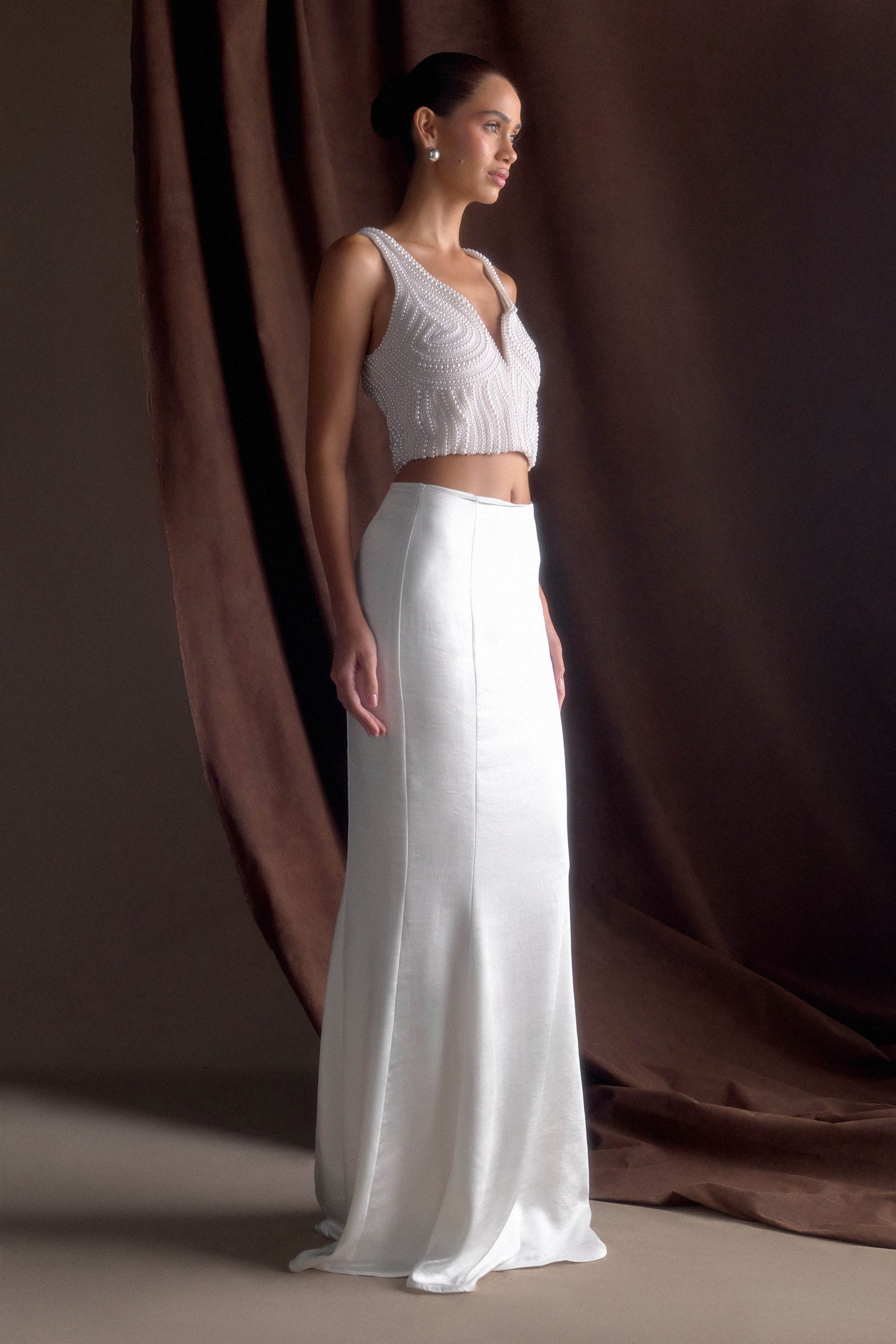 Jupe Maxi Queue de Poisson en Satin Khloe - Blanche