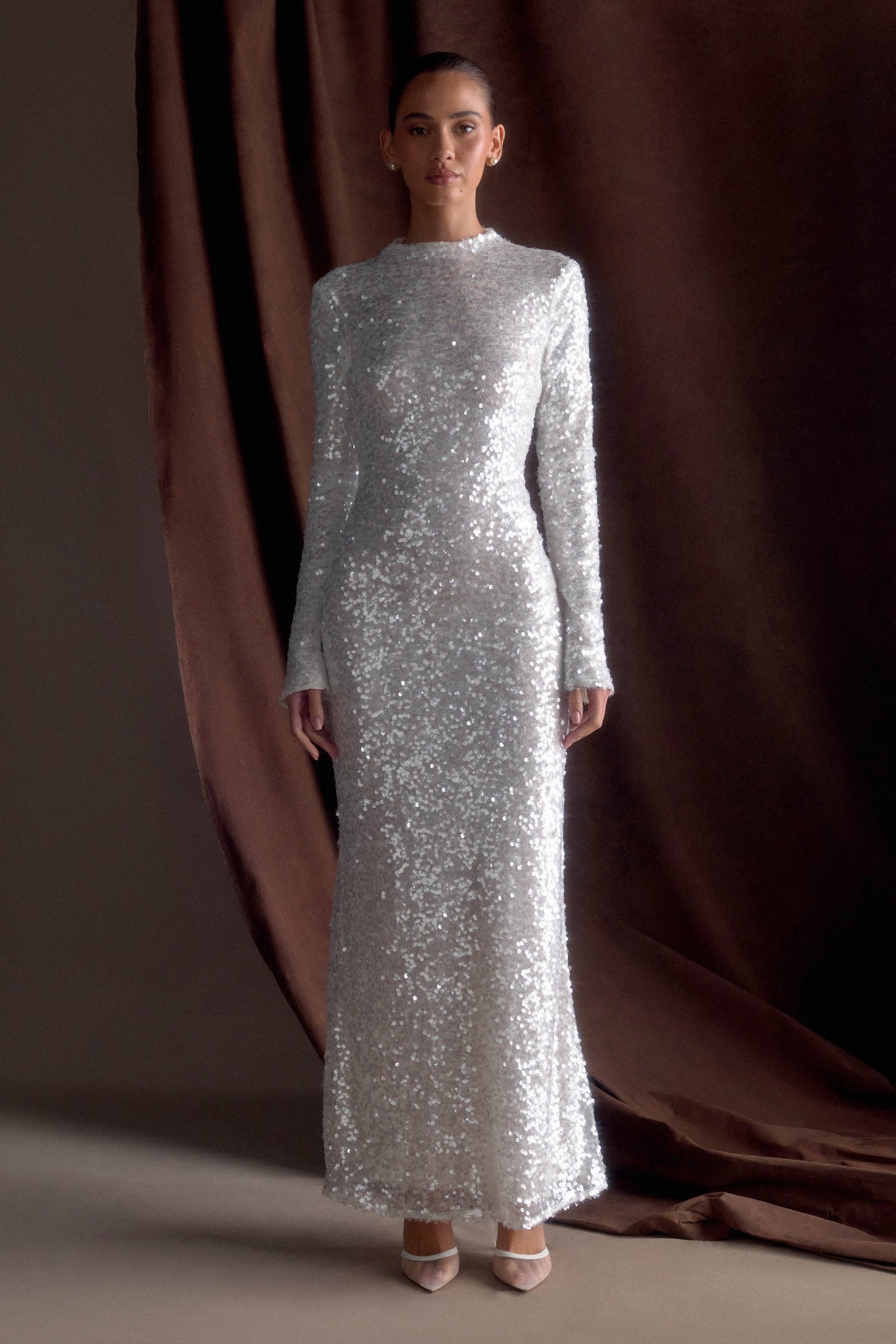 Robe Maxi Sofia à Manches Longues et Paillettes - Blanche